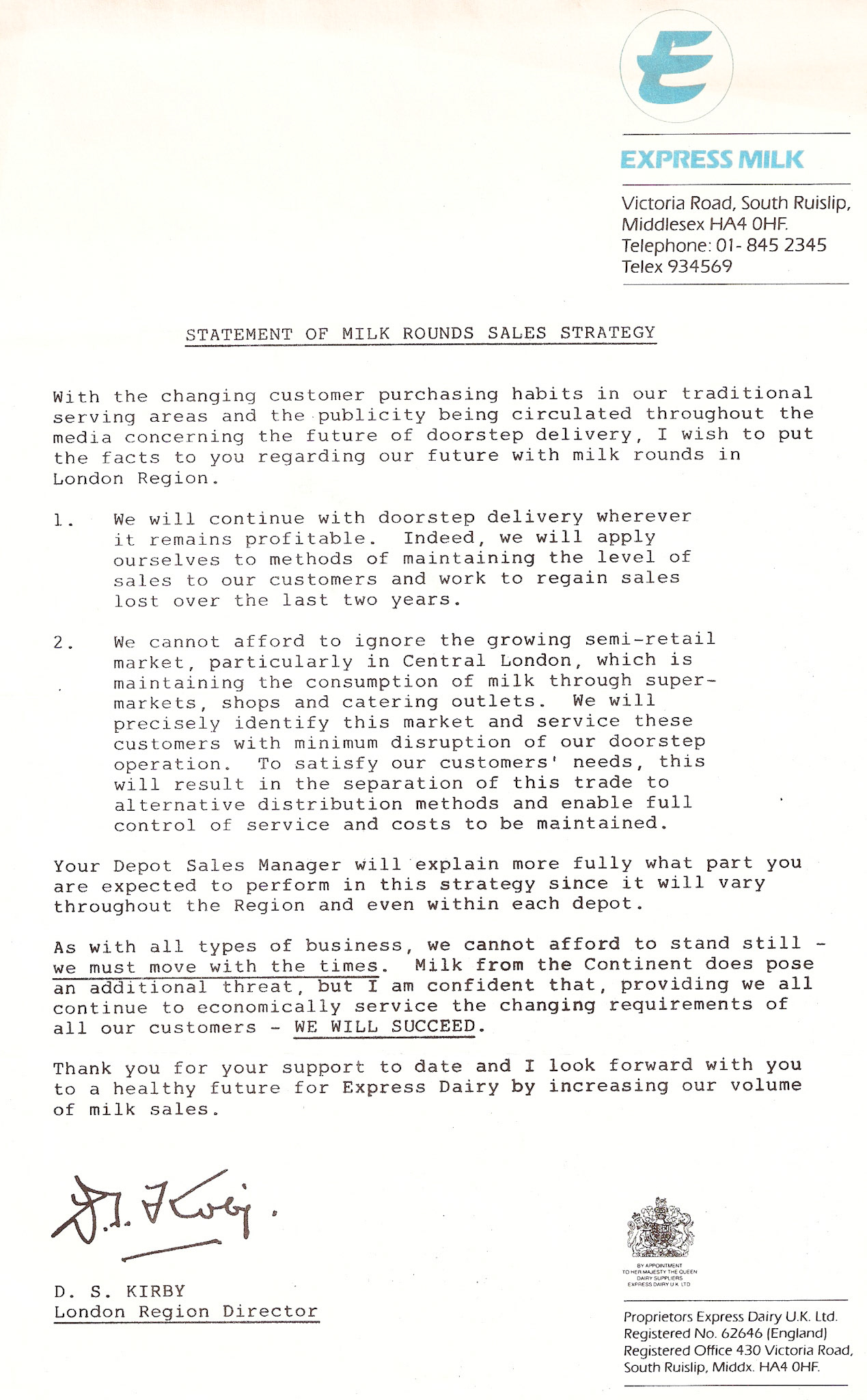 1980's Don Kirby, Retail Director in London, trying to allay fears about doorstep delivery (Courtesy Paul Luke)