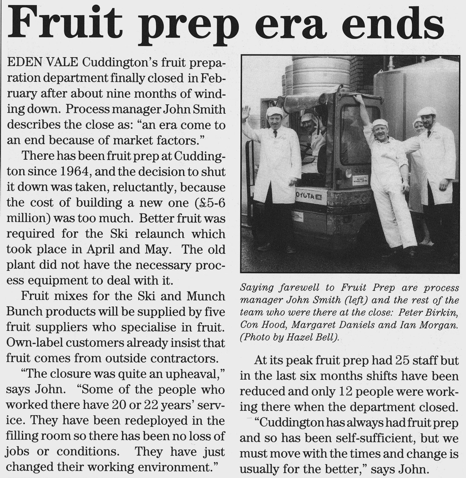 1991 Cuddington Fruit Prep dept closes (from Express Foods Pensioners News) Courtesy Beryl Purslove