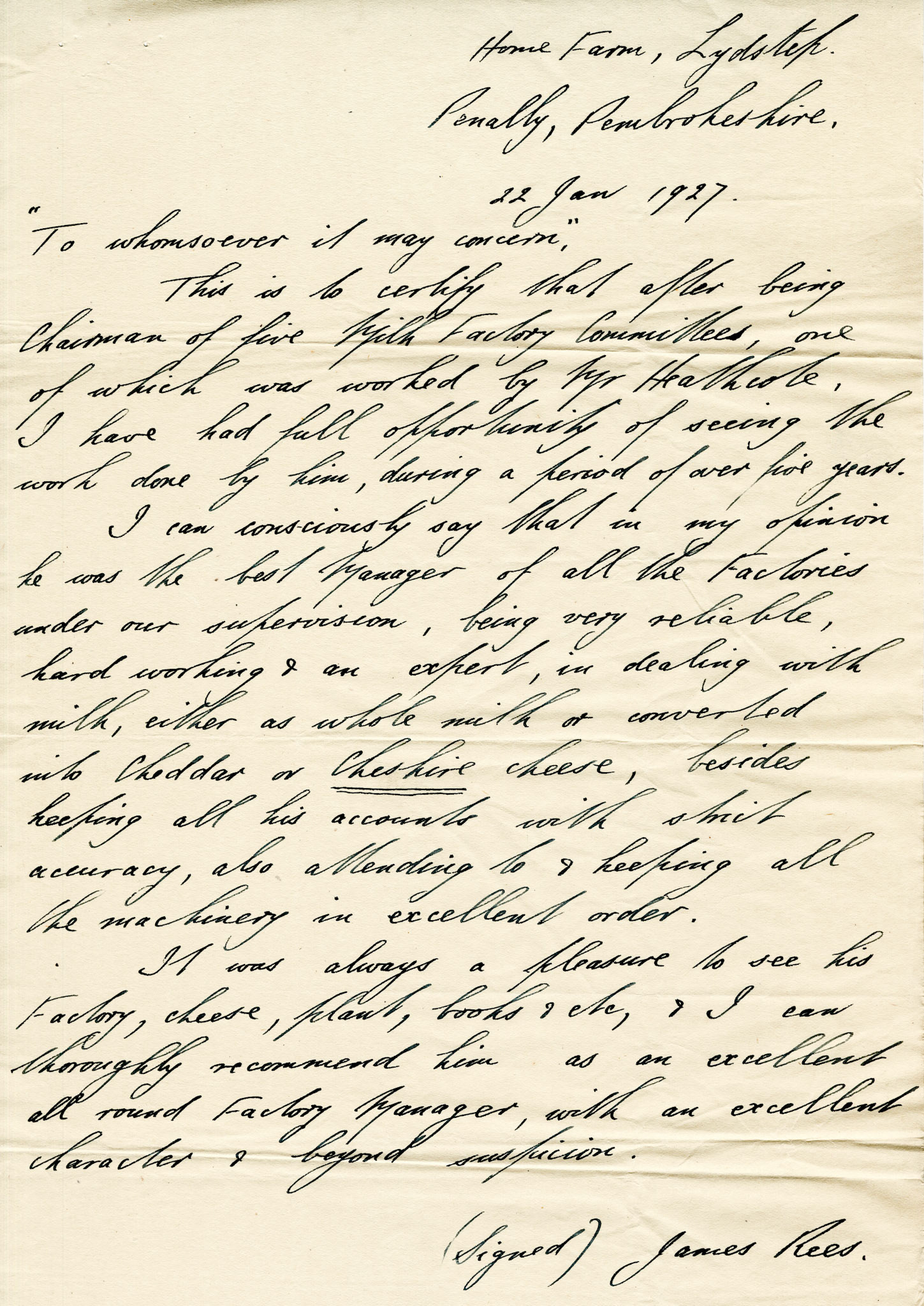 1930 Ruyton Co-operative Dairies-Cheesemaker Job Applications-Mr James Rees