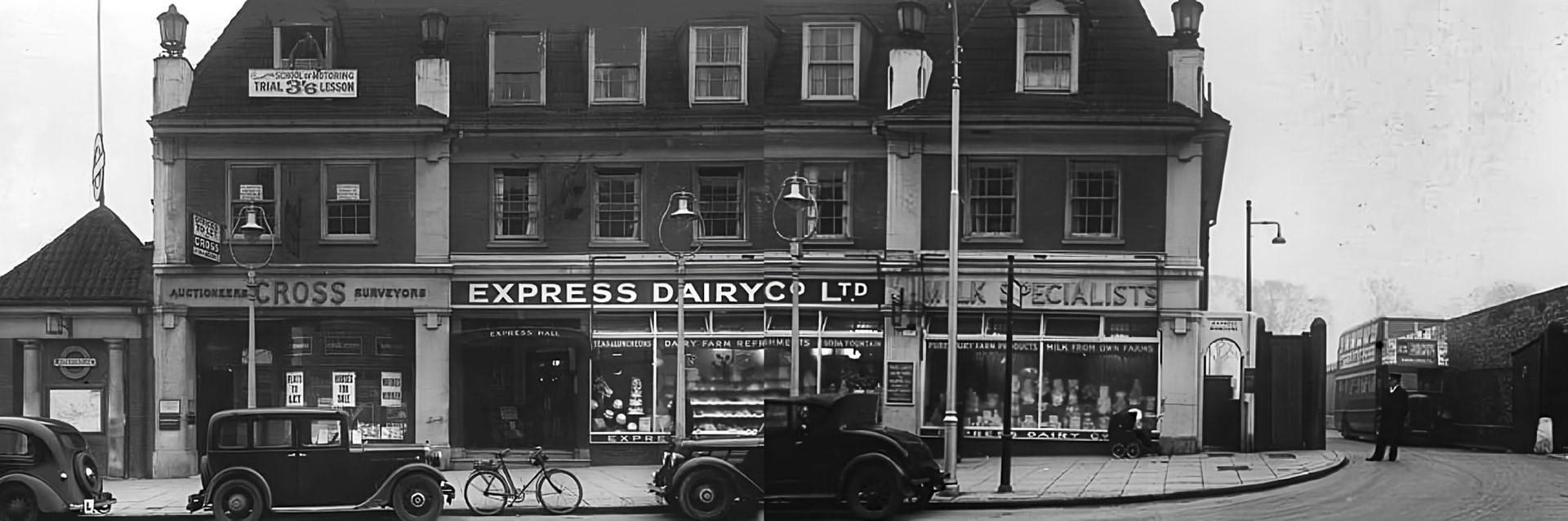 1940's Edgware Shop - Composite image. Roger Frost comments "My mother and father both worked for Express Dairy and lived in a flat above the Edgware shop when they first got married in 1938. When my dad was called up in 1940 my mum had to give the flat up and go and live back with her parents. I believe it was because she was classed as a single woman and as such could not have the tenancy." (Courtesy Michael Aldread and London Transport Archive from Mark Amies)