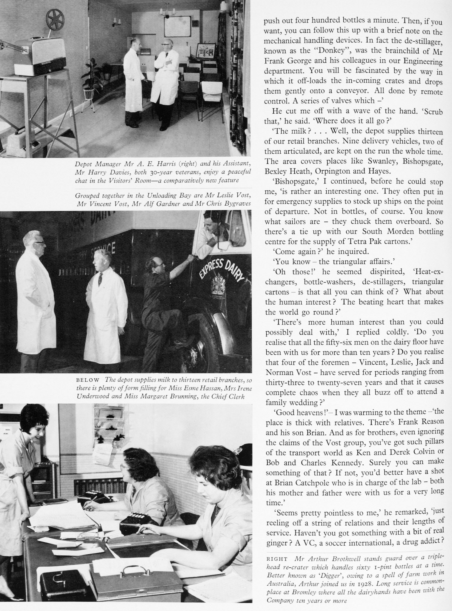 1962 Bromley Processing feature article, mentioning Mr Frank George (Engineering), Vincent, Leslie, Jack and Norman Vost (Foremen), Ken and Derek Colvin, Bob and Charles Kennedy (Transport), Brian Catchpole (Laboratory). (Express News Autumn)