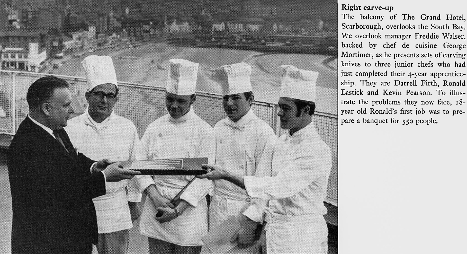 1968 Freddie Walser, manager of The Grand Hotel, Scarborough, presents sets of carving knives to three junior chefs. (Express News Christmas)