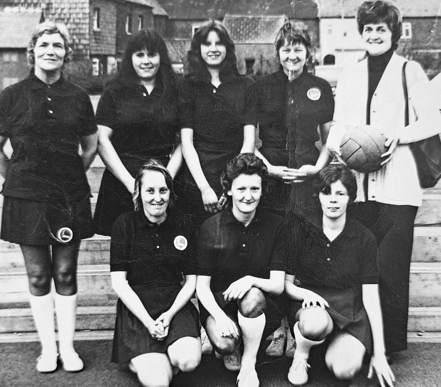 1970s Whittington netball team. Back, L-R: Diane Lawson, Wendy Carruther, Kim Griffiths, Elsie Grace and Sheila Roberts (coach). Front L-R: Betty Evans, Carol Tudor, Flo Owen. (Courtesy Kim Griffiths)