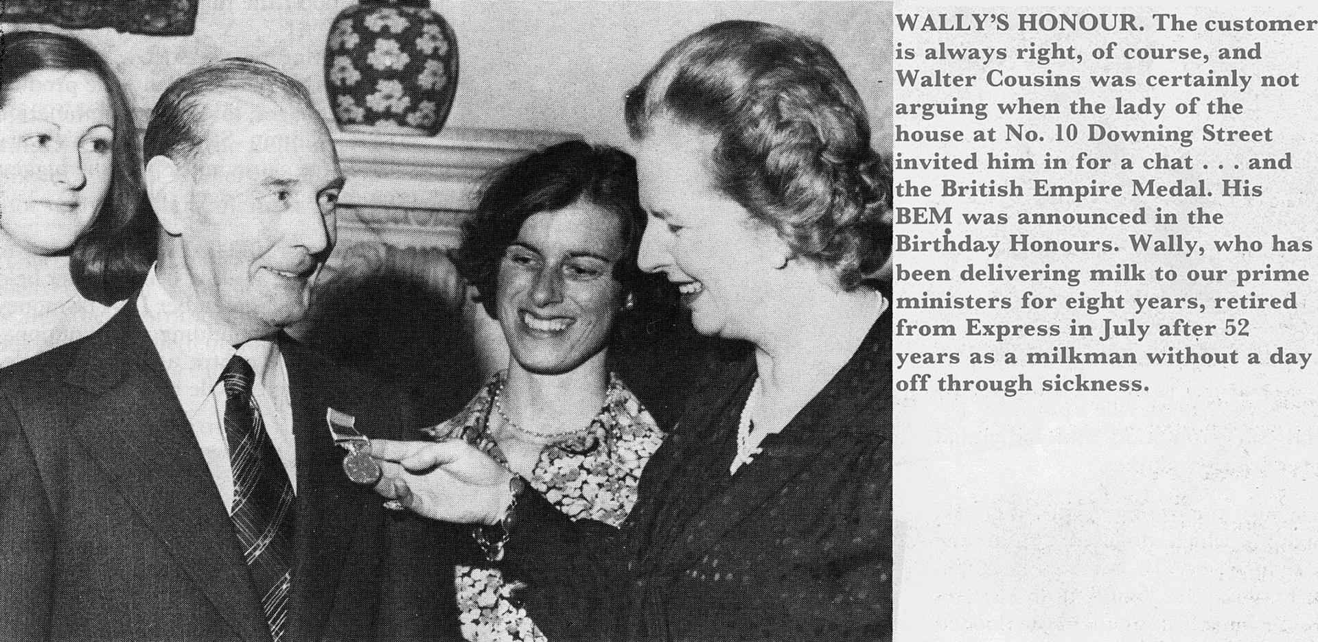 1980 Walter (Wally) Cousins retiring after 52 years receiving the BEM from Margaret Thatcher.  (Express News October)
