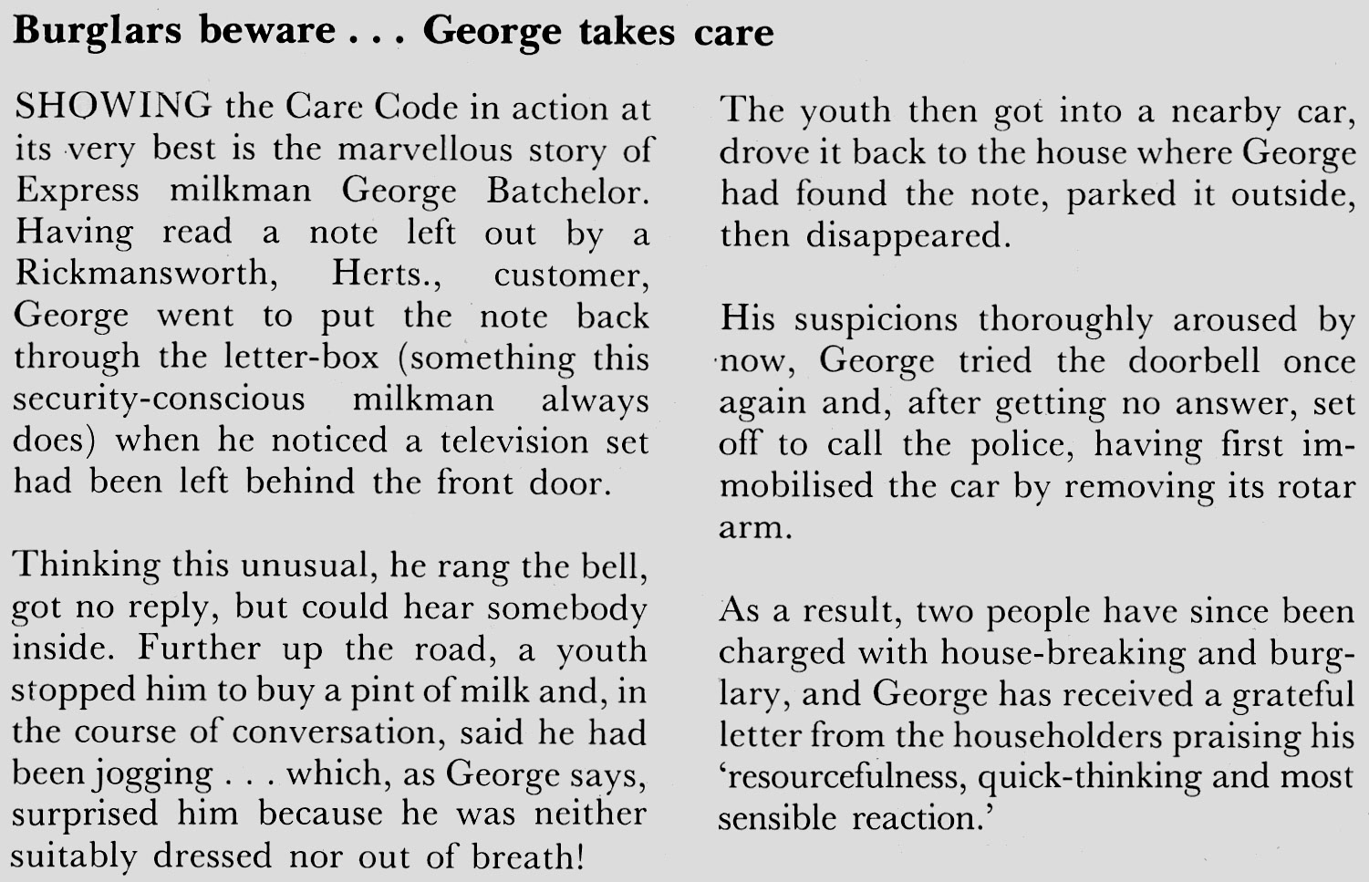 1981 George Batchelor from Rickmansworth Depot prevents a burglary. (January Express News)