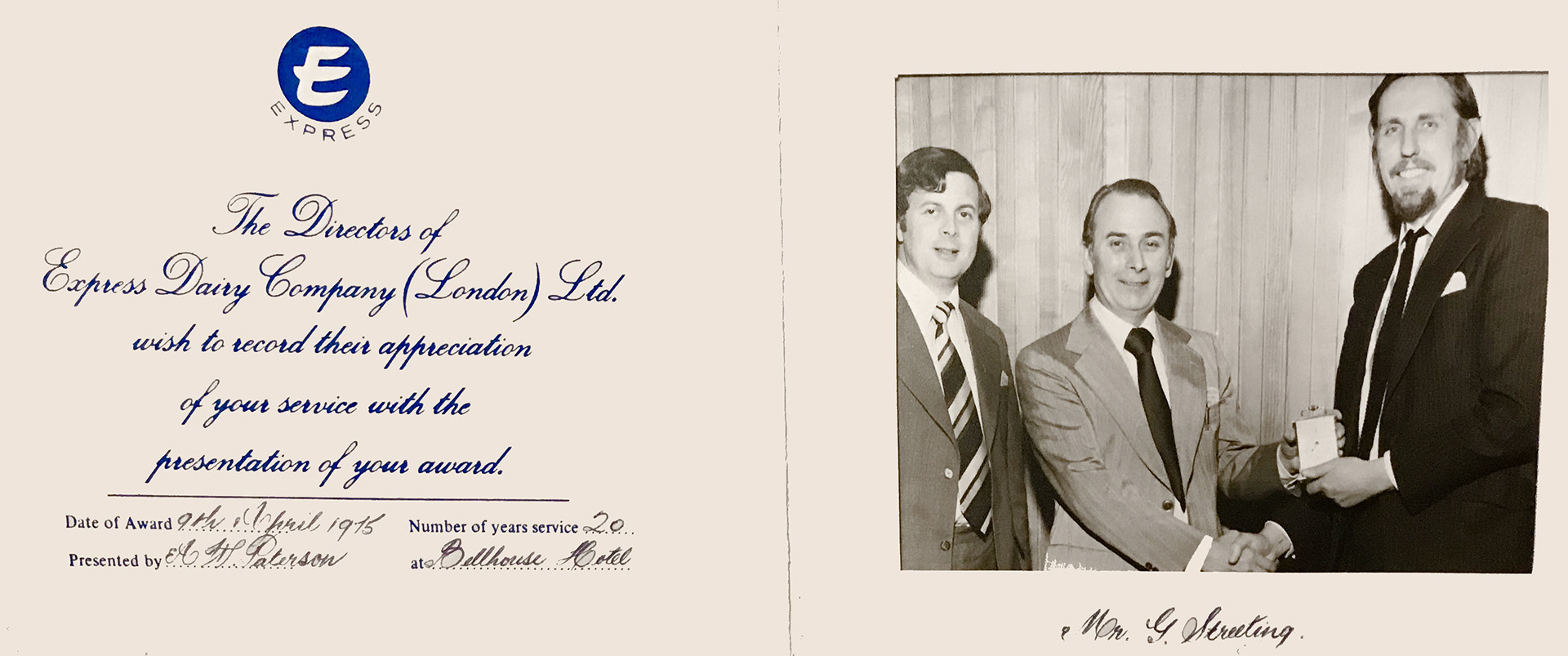 1975 George Streeting presented with 20 year award by Andrew Patterson, London Region Director, with Keith Sanders, Processing Director, looking on.(Courtesy Lindsey Cannon)