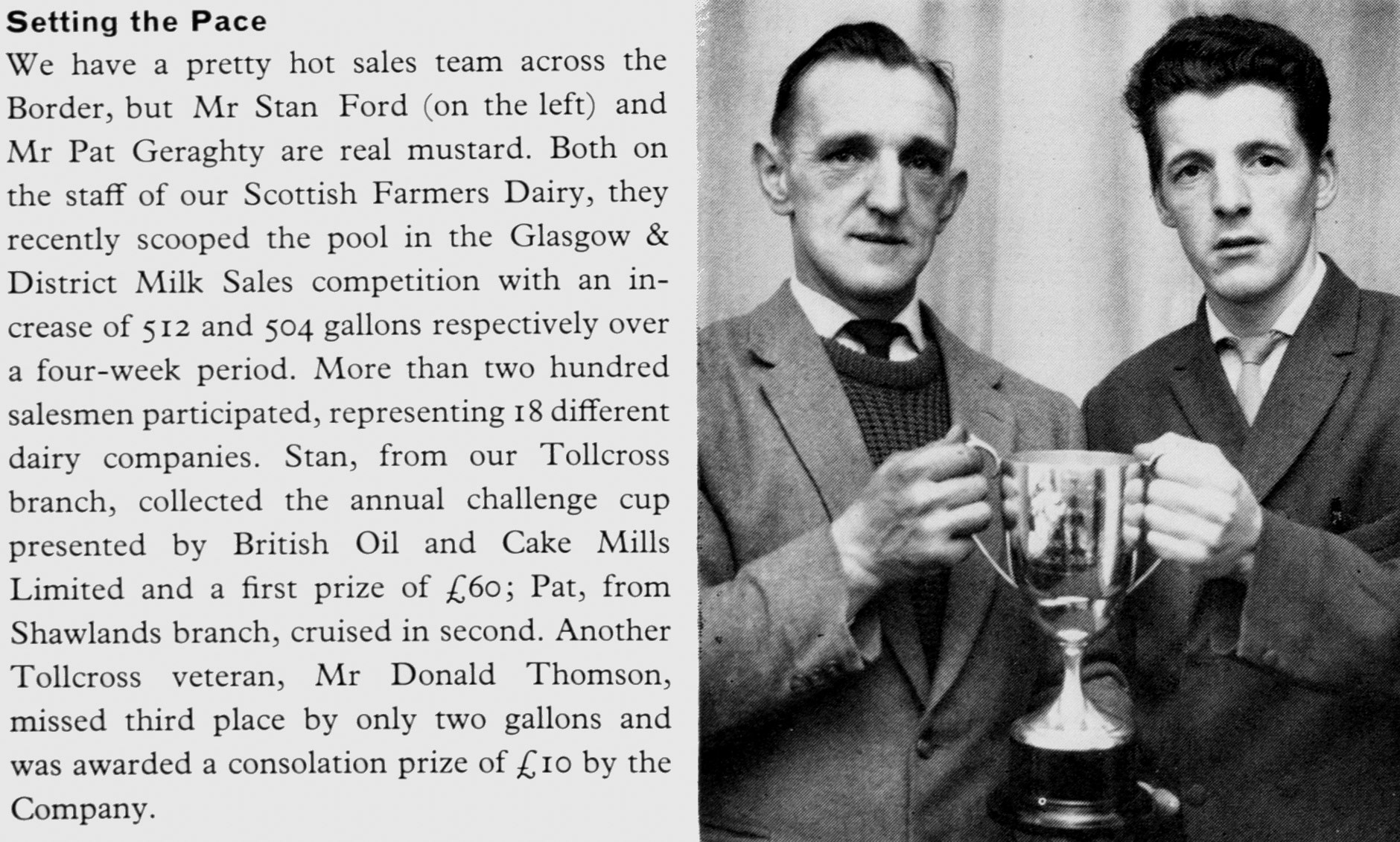 1962 Scottish Farmers salesmen Stan Ford and Pat Geraghty win the Glasgow and District Milk Sales Competition. (Express News Autumn)