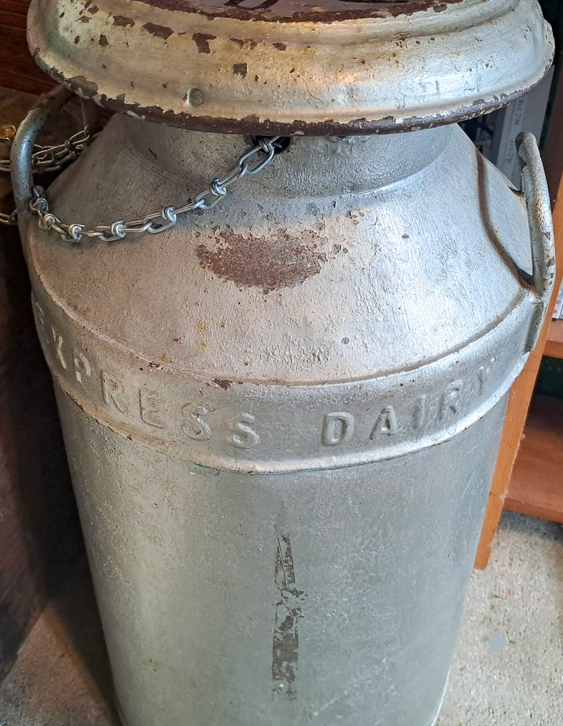 1950's? Galvanised steel 10-gallon churn at the North Norfolk Railway. (Courtesy Allan Dawes)
