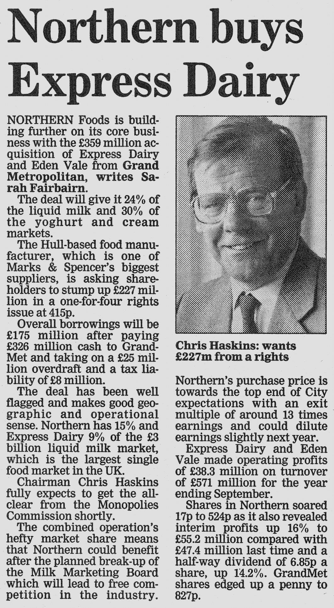 1991 London Evening Standard writes about the acquisition of Express Dairy by Northern Foods. (Courtesy Michael Aldread)