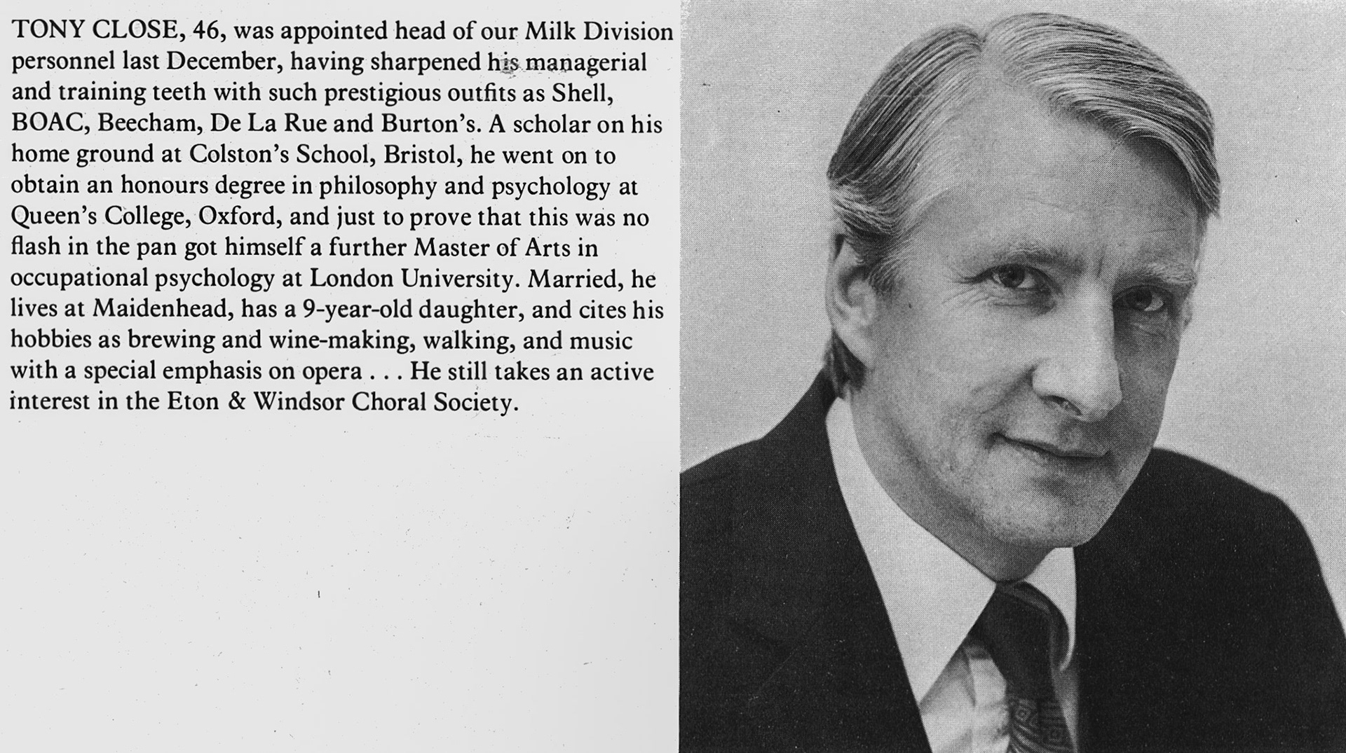 1978 Biography of Tony Close, Milk Divison personnel head. (Express News Spring)
