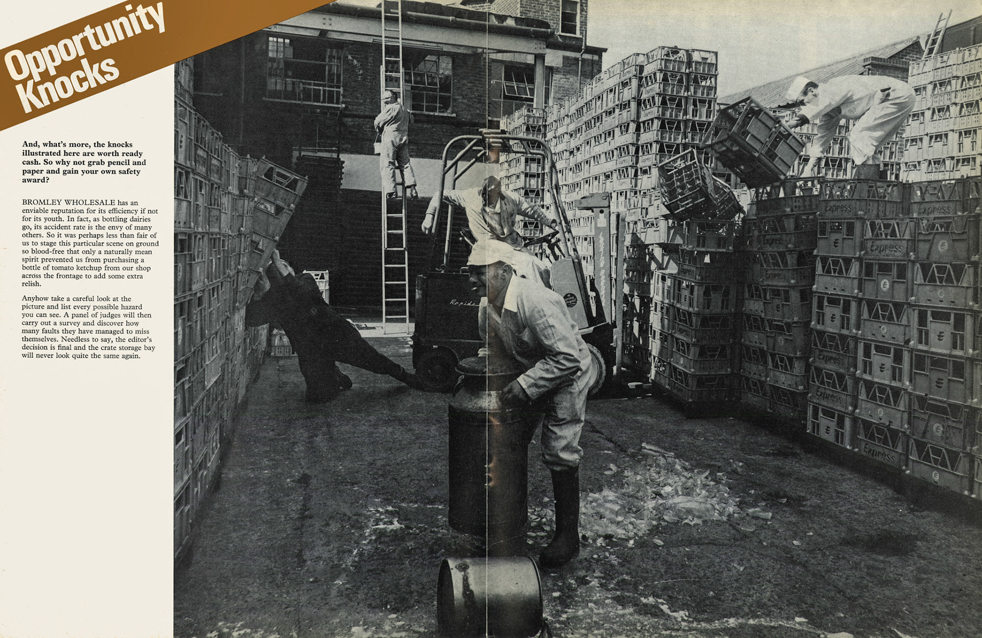 1976 Bromley Processing staff act out breaking all the Health and Safety rules. (Express News Summer)