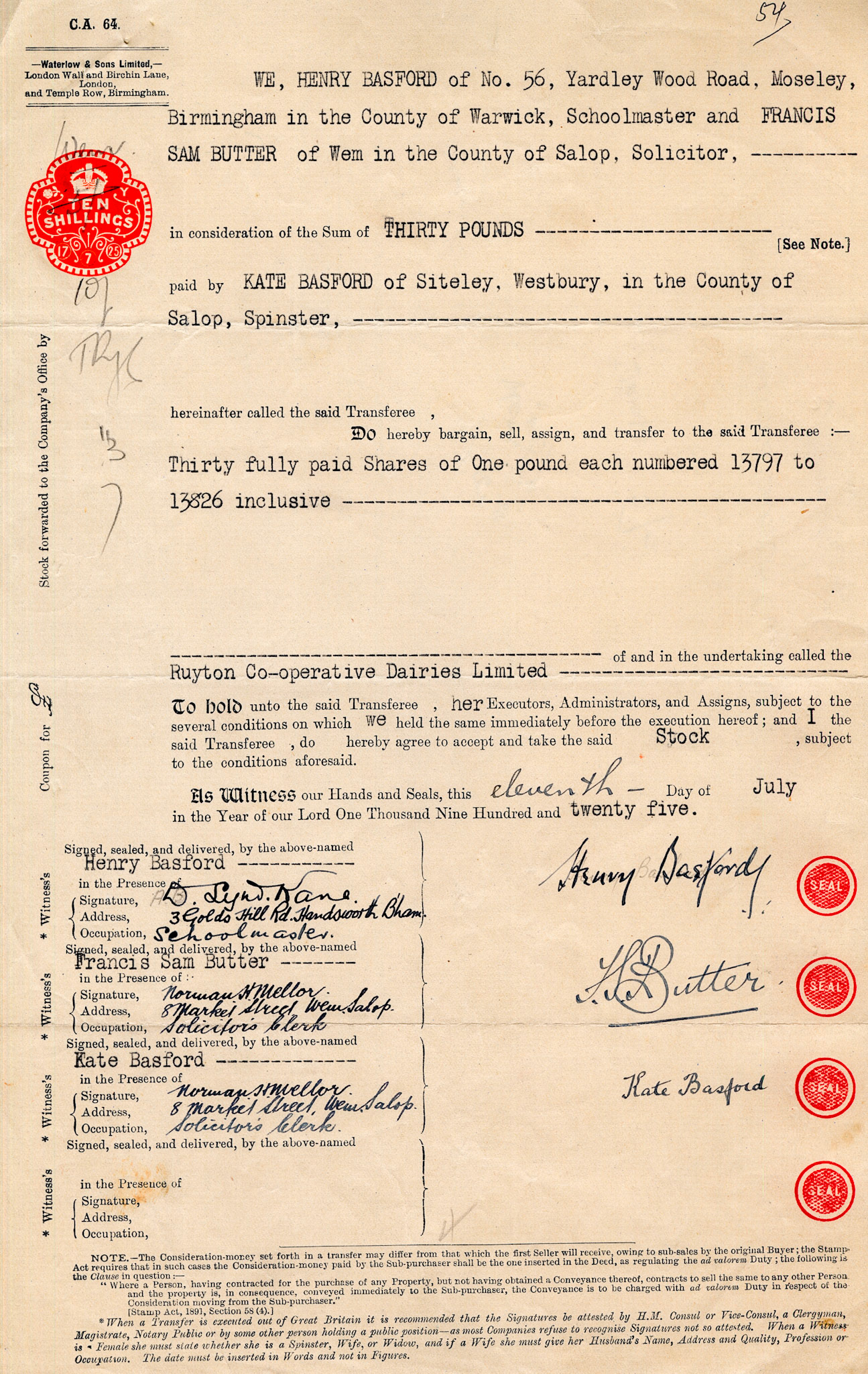 1925-Henry Basford-Share Transfer Form