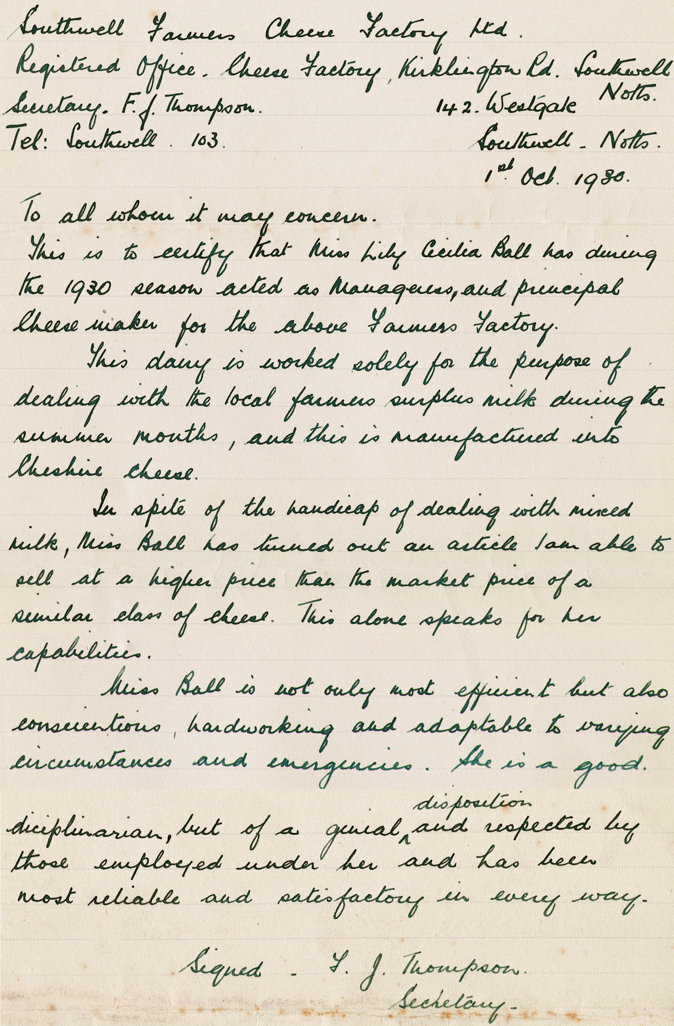 1930 Ruyton Co-operative Dairies-Cheesemaker Job Applications-Miss Lily Cecilia Ball