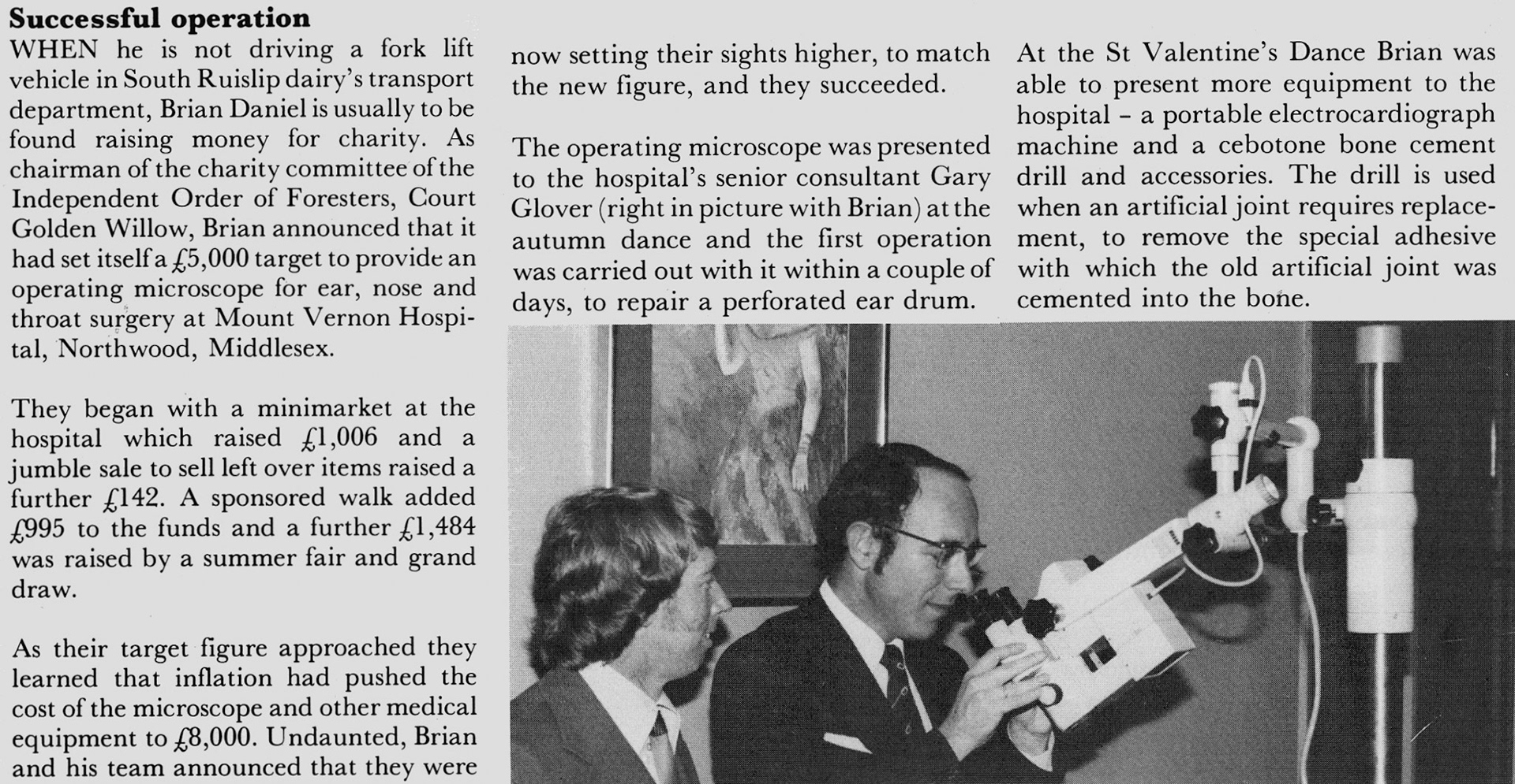 1982 Ruislip Processing fork left driver Brian Daniel raising funds for Mount Vernon Hospital, Northwood. (Express News April)