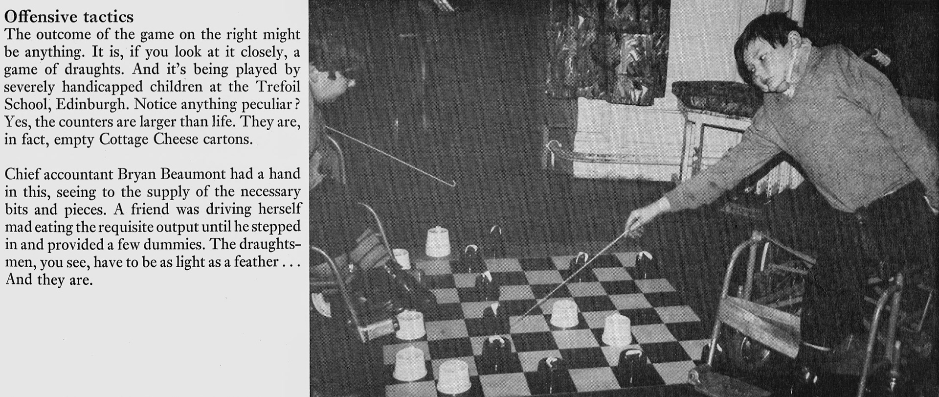 1972 Express Chief Accountant Bryan Beaumont arranged for children at Trefoil School Edinburgh to use Cottage Cheese cartons for draughts.  (Express News Spring)