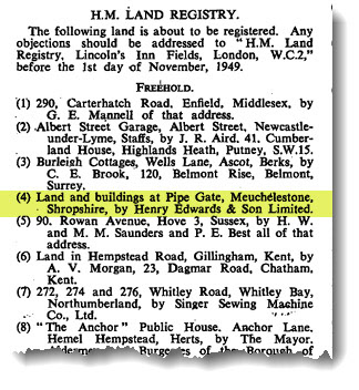 1949 Land Registry entry for Henry Edwards, land and buildings at Pipe Gate. Matthew Pinto comments "I believe Pipe Gate Creamery was originally built by Henry Edwards and Son, and dispatched Rotanks to supply their Kensington bottling plant. Express took over Henry Edwards and Son in the 1950's."