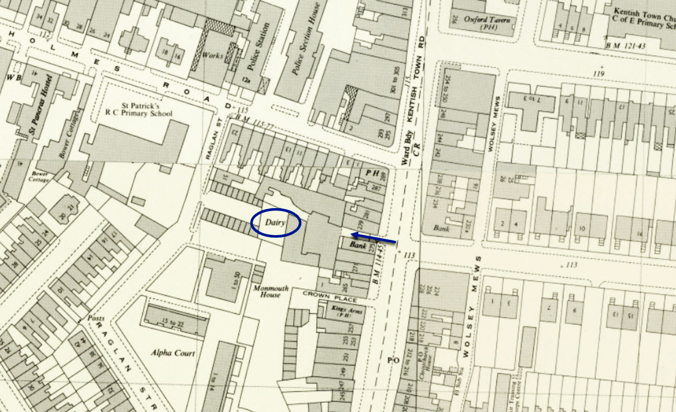 1952 Kentish Town Depot location. Gary Baverstock comments "My grandad Albert Hudson was a milkman based out of Vicarage Farm Dairy, I believe it was in a location now known as Old Dairy Mews off the Kentish Town Road." (Courtesy National Library of Scotland)