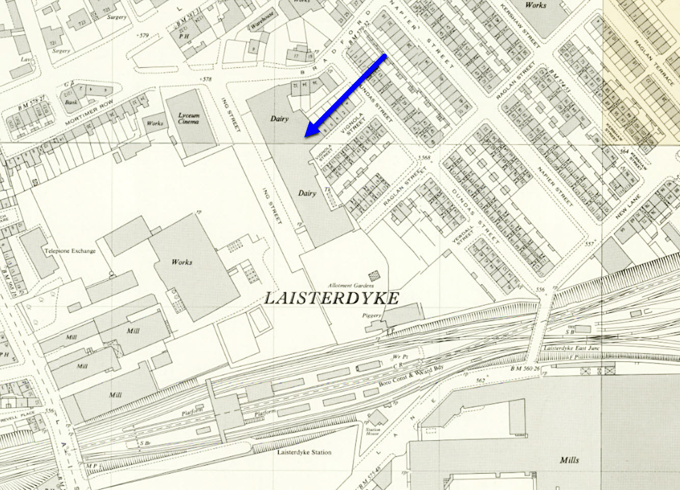 1957 Laisterdyke Dairy, Bradford (From 1:1250  OS Map, published 1958, National Library of Scotland)
