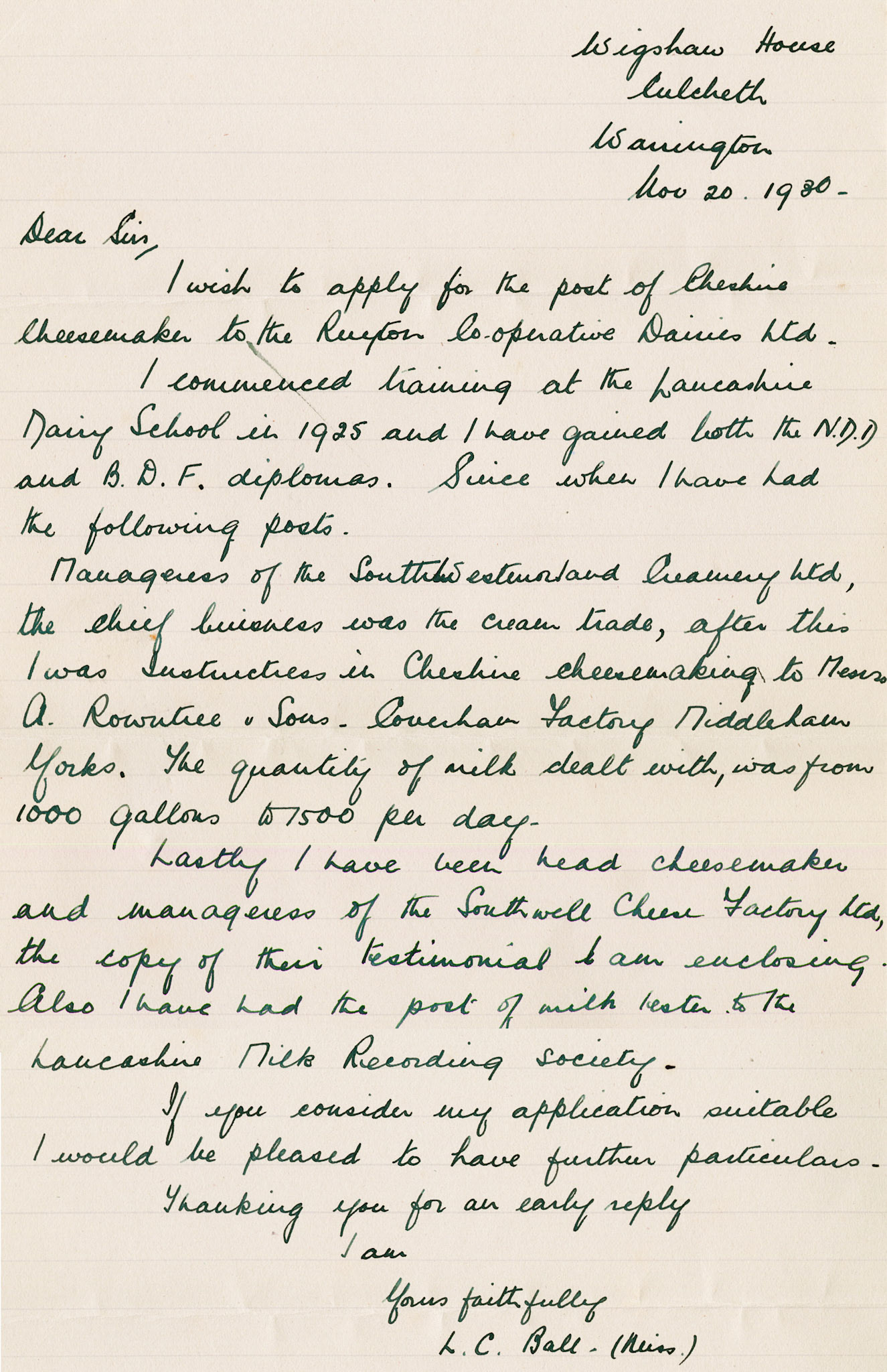 1930 Ruyton Co-operative Dairies-Cheesemaker Job Applications-Miss Lily Cecilia Ball
