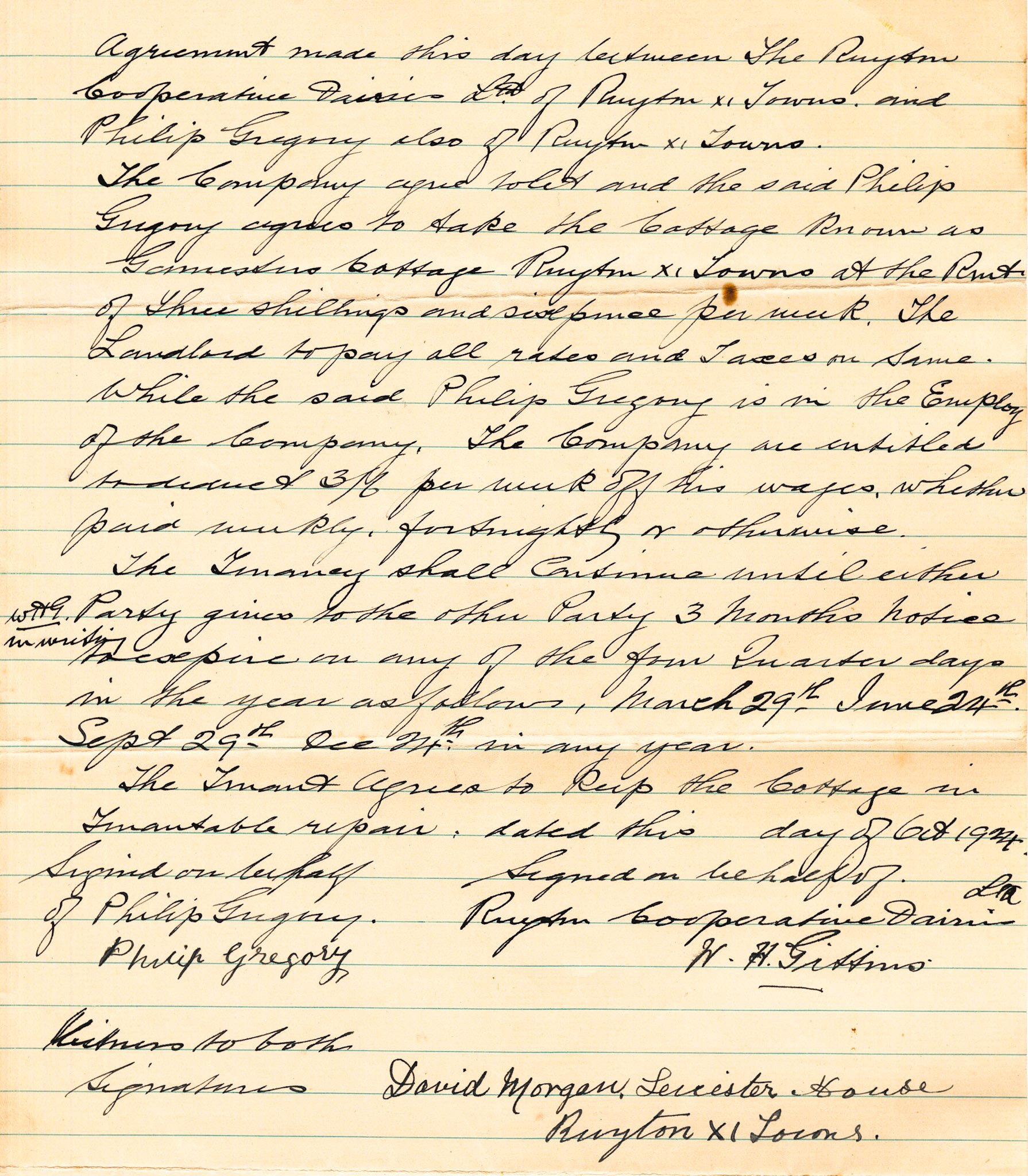 Hand-written 1924 Rent Agreement between RCD and Philip Gregory, a Company employee, for Gamesters Cottage.