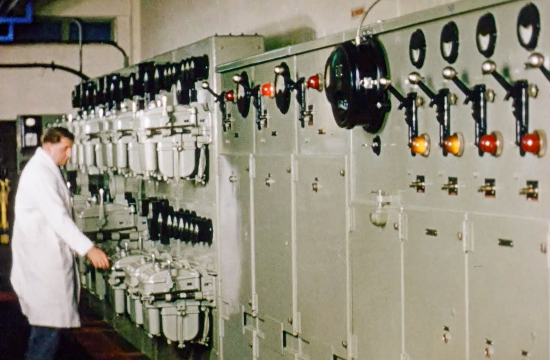 1954 South Morden Processing-Main Compressor switch room. (Stills from Express Dairy Film)