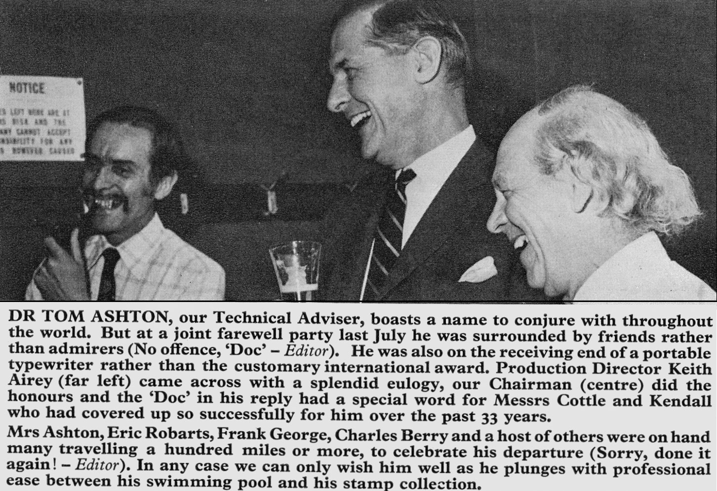 1976 Keith Airey and John Travers Clarke celebrate the retirement of Dr Tom Ashton as Technical Director.  (Express News Autumn)