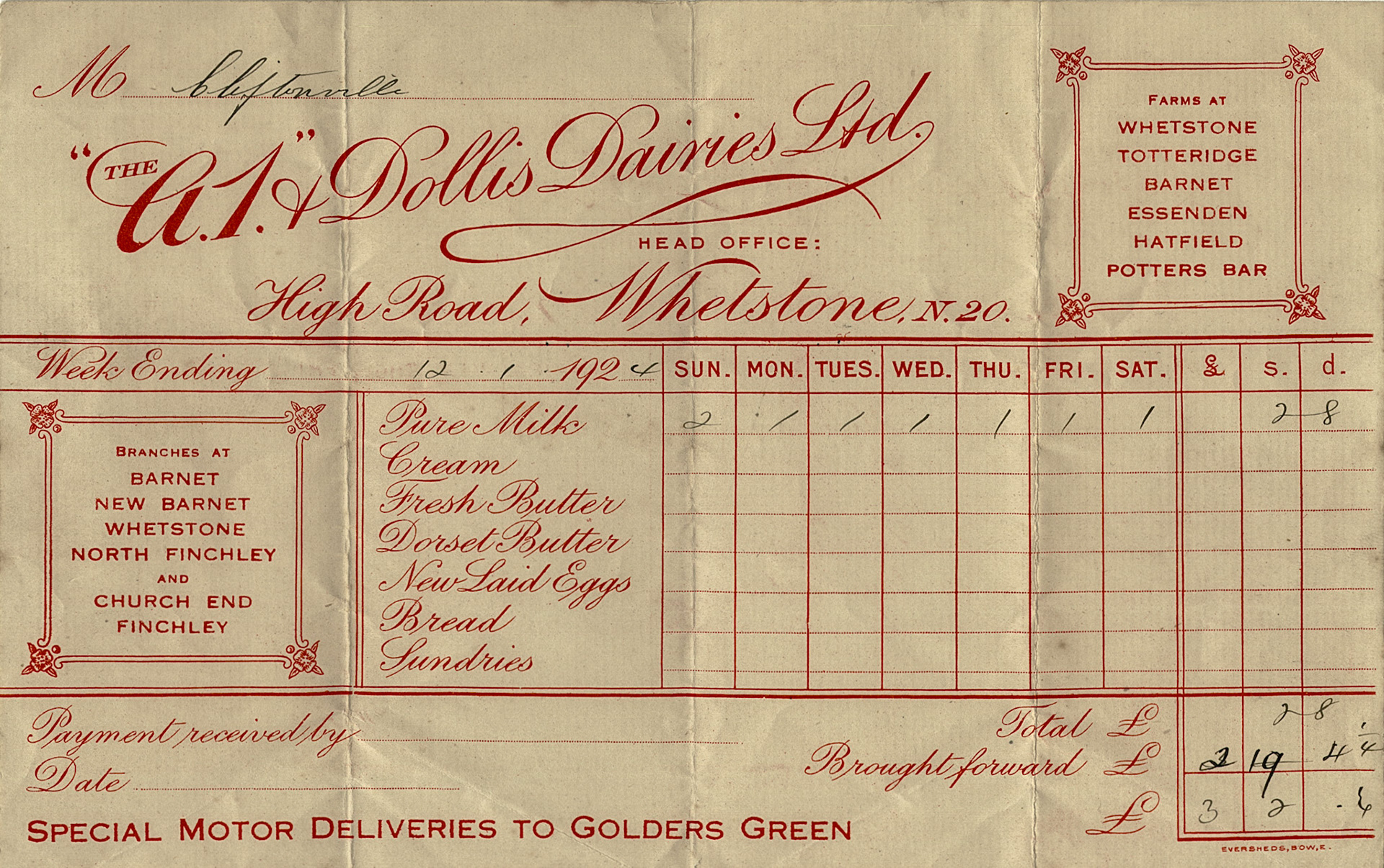 1924 A1 & Dollis Dairies bill. 4d a pint is 1.7p today. £100 in 1924 is worth £7,619.01 in 2024. So in today's value it would be £1.29/ pint. Courtesy Paul Smith)