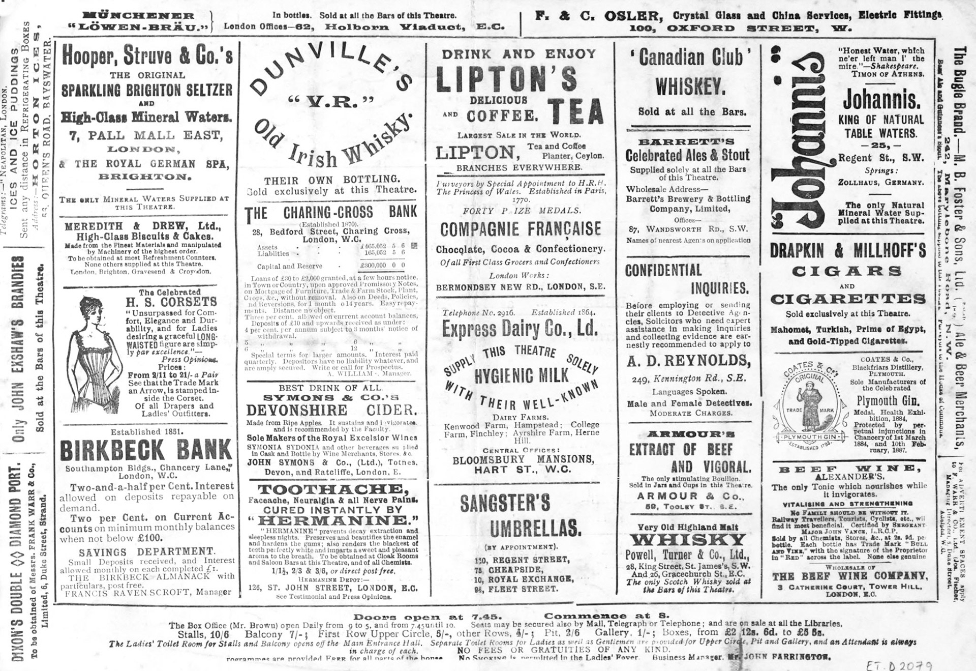 1895 Daly's Theatre Programme, with Express Dairy advertisement "Express Dairy Co. Ld. supply this theatre solely with their well-known hygienic milk. Dairy Farms Kenwood Farm, Hampstead, College Farm Finchley, Ayrshire Farm, Herne Hill. Central Offices Bloomsbury Mansions, Hart St, WC". (Courtesy Ellen Terry and Edith Craig Database)
