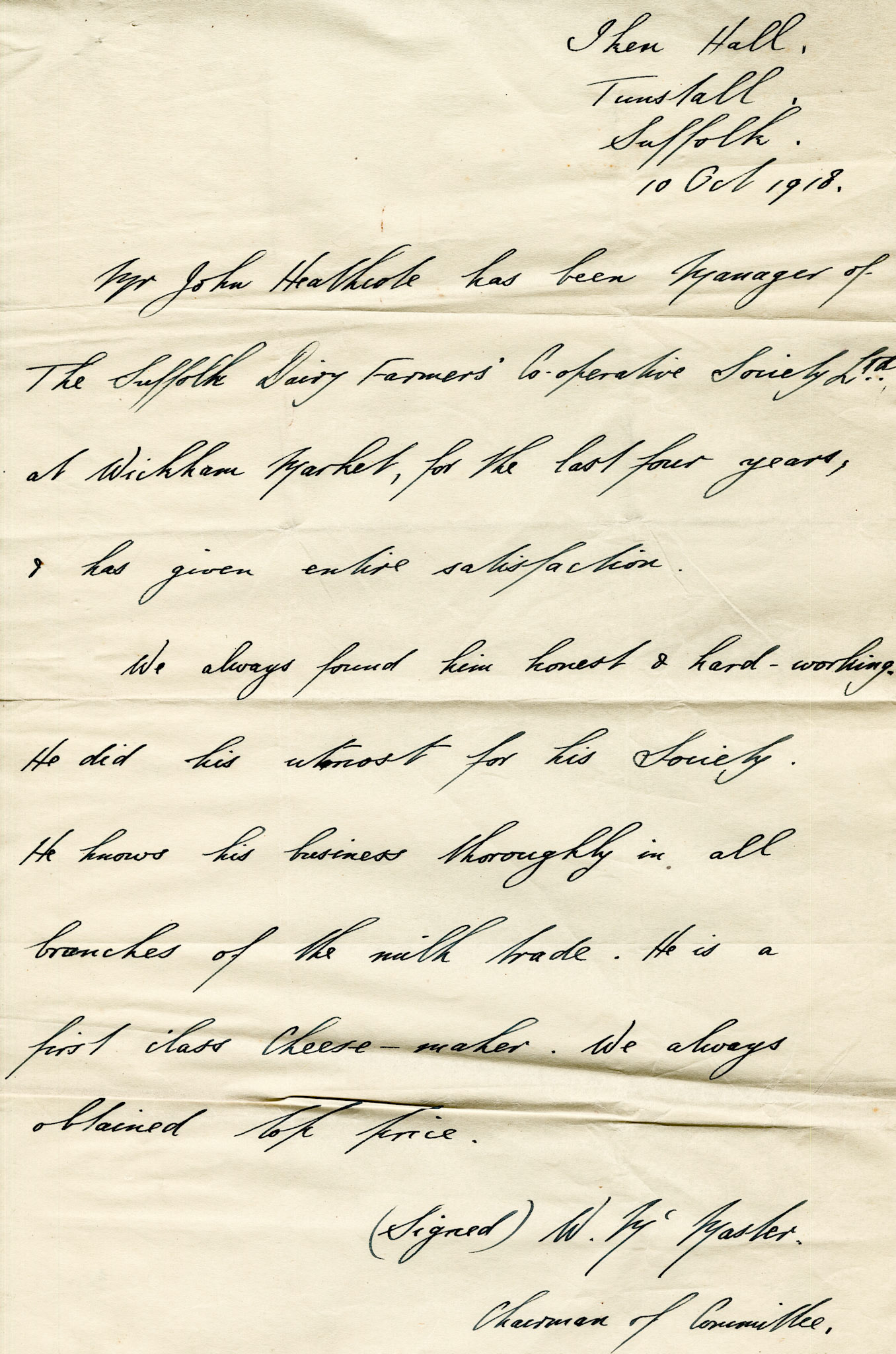 1930 Ruyton Co-operative Dairies-Cheesemaker Job Applications-Mr John Heathcote