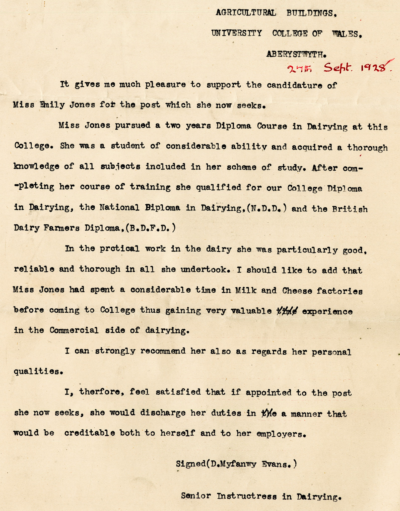 1930 Ruyton Co-operative Dairies-Cheesemaker Job Applications-Miss Emily Elizabeth Jones.