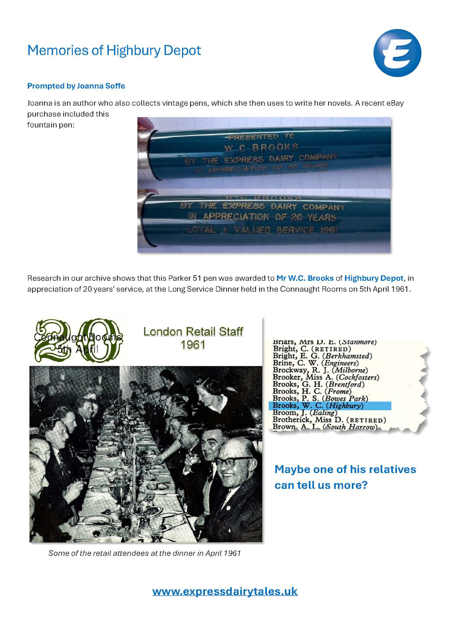 2026 Memory of Mr W. C. Brooks of Highbury Depot, remembered from 1961 when he received a Parker pen for this 20 year award. (Express Dairy Tales publication, with pen image provided by Joanna Soffe)