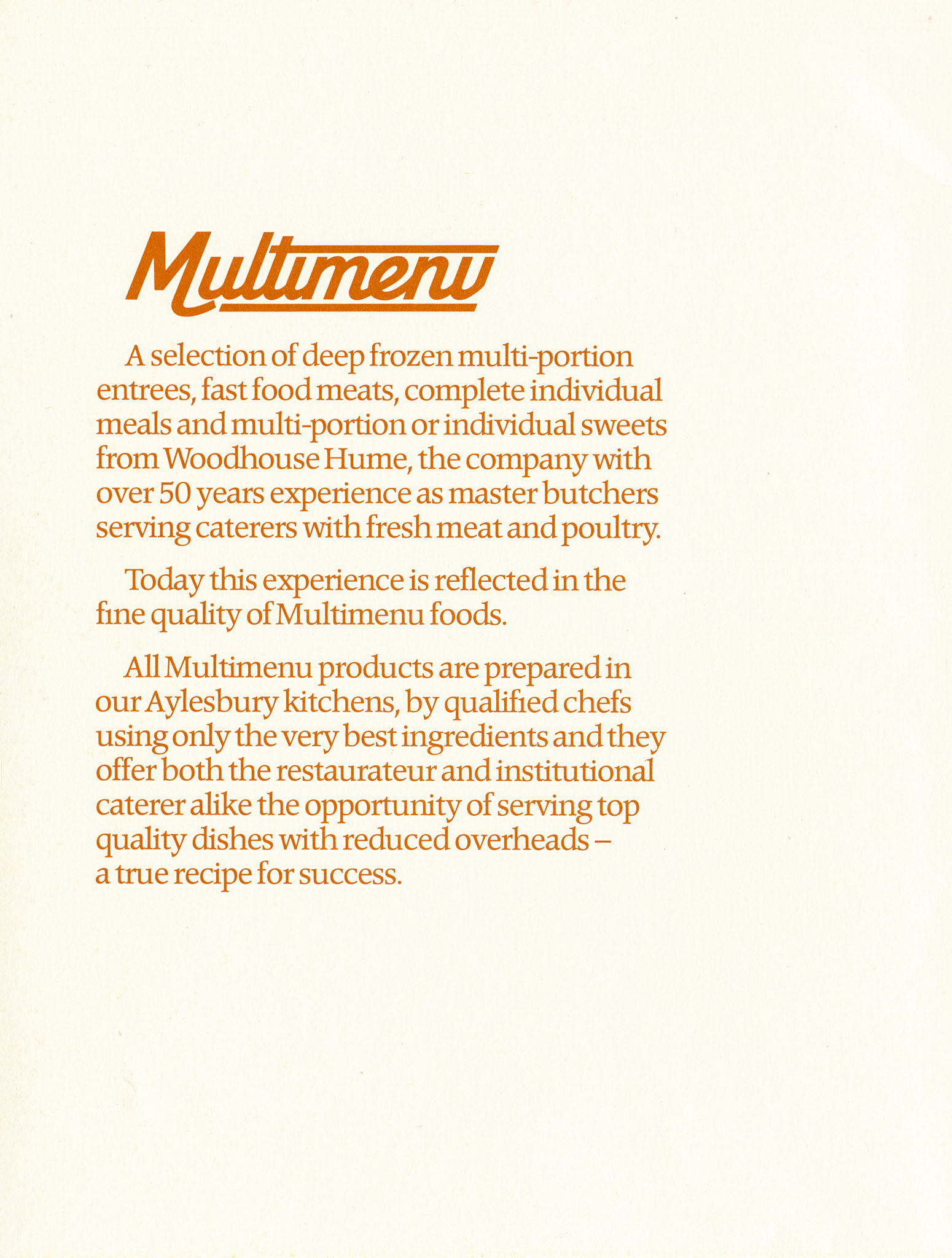 1982 Woodhouse Hume 'Multimenu' brochure, showing product range. (Courtesy John South well)