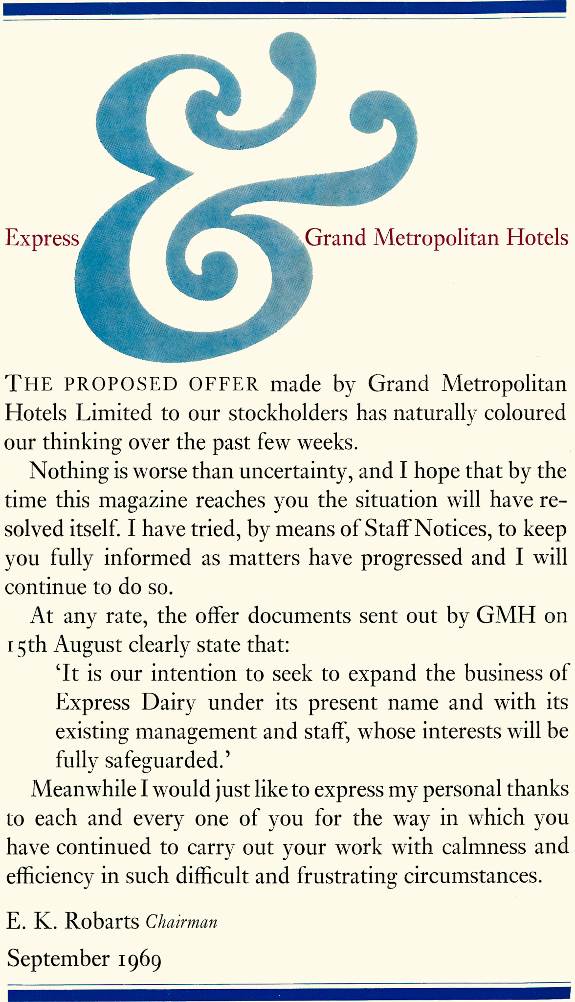 1969 Momentous year for Express, with the takeover by Grand Met. (Express News Autumn)