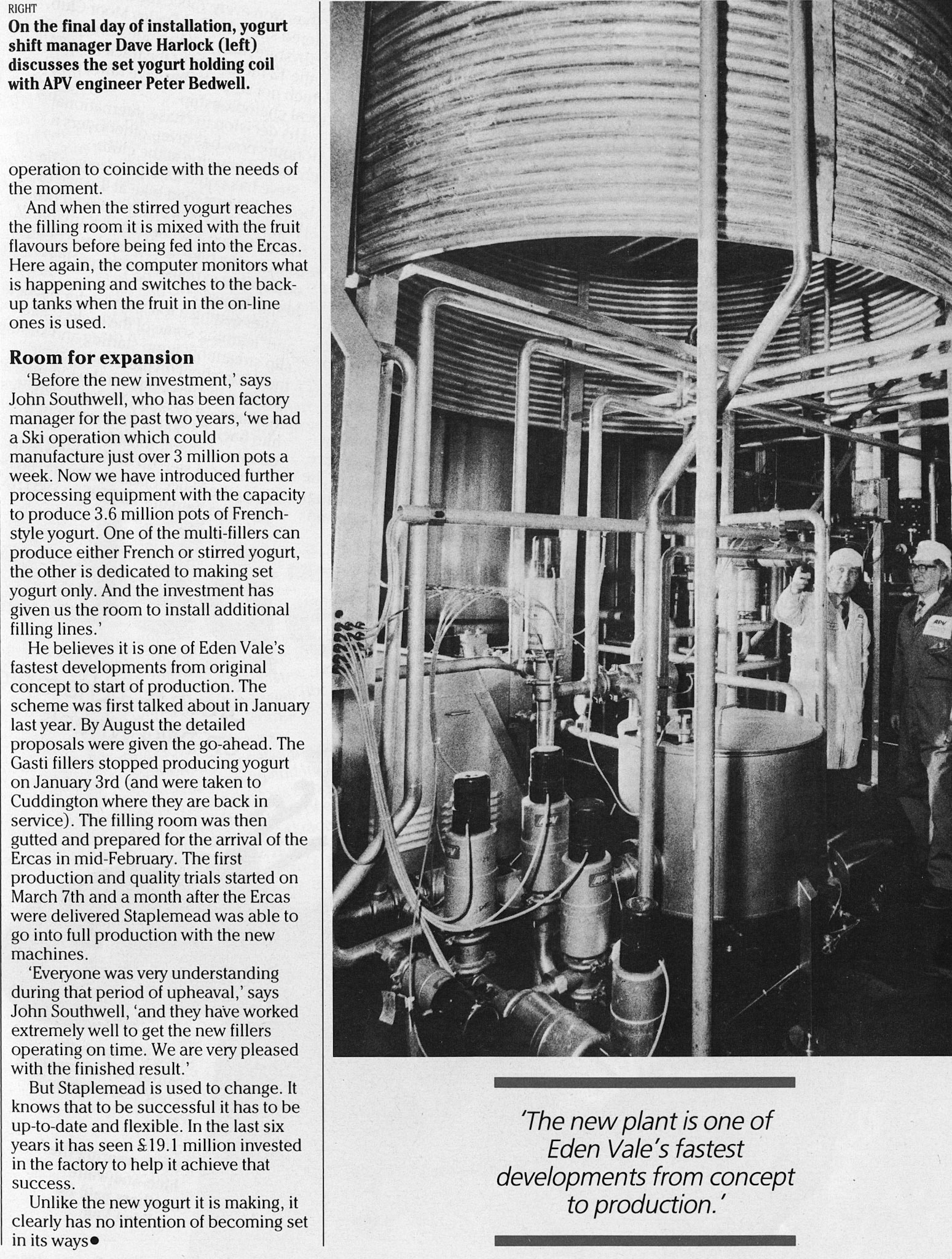 1986 Yogurt shift manager Dave Harlock (left) discusses the set yogurt holding coil