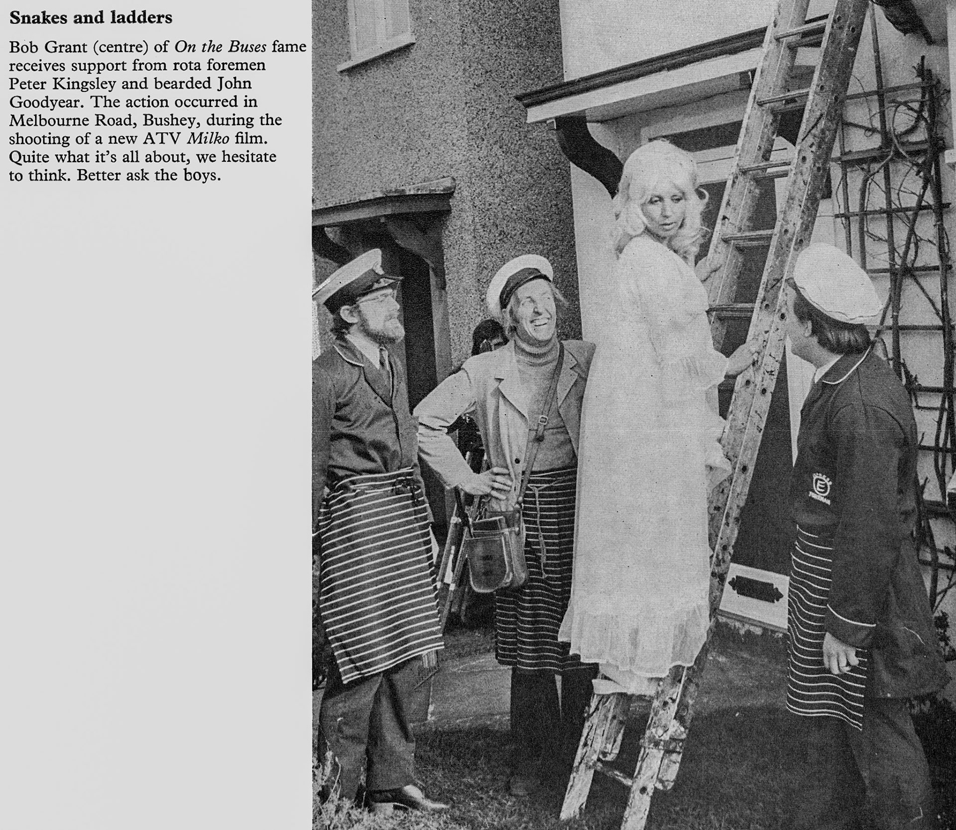 1975 Bushey rota foremen John Goodyear and Peter Kingsley assist with 'Milko' film shoot. (Express News Summer)