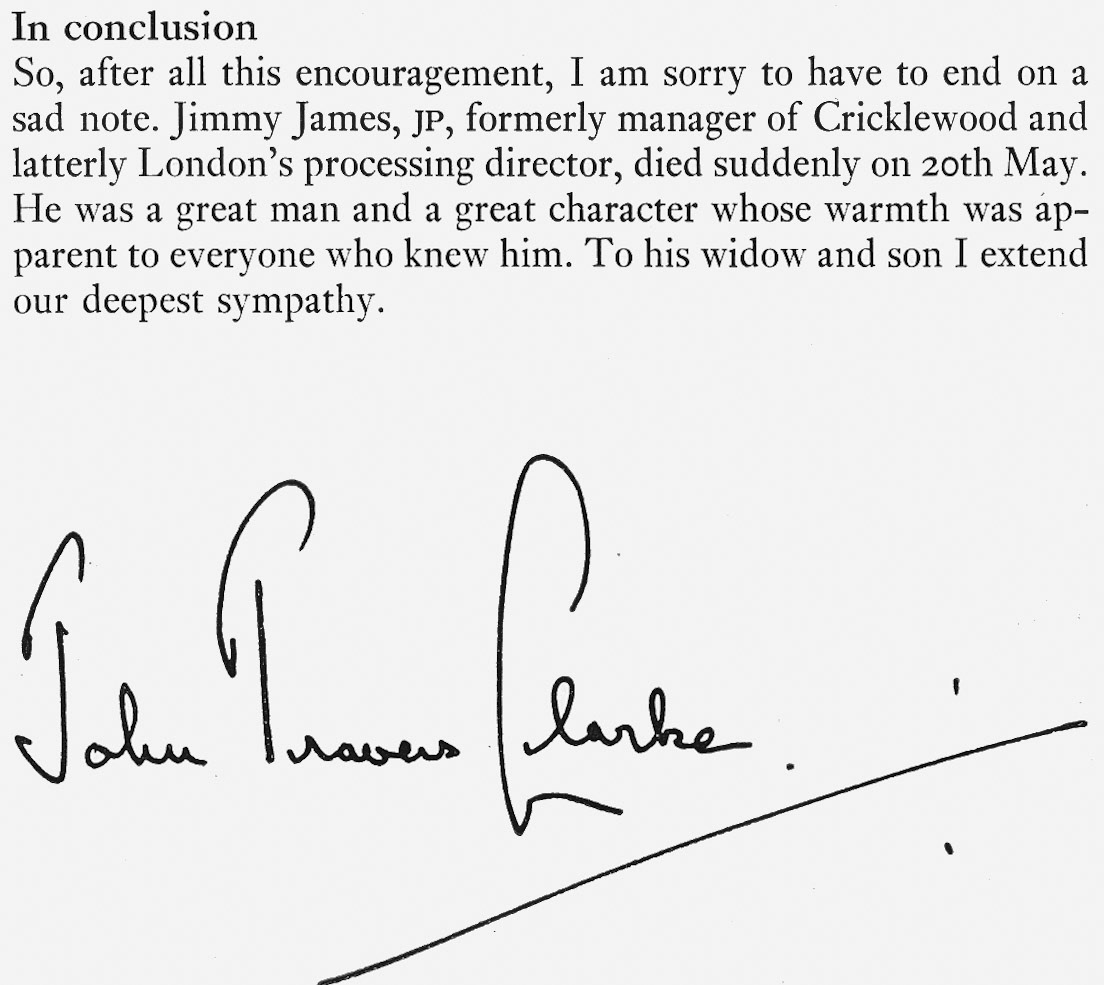 1973 John Travers Clarke announces the death of Jimmy James, former manager at Cricklewood. (Express News Summer)