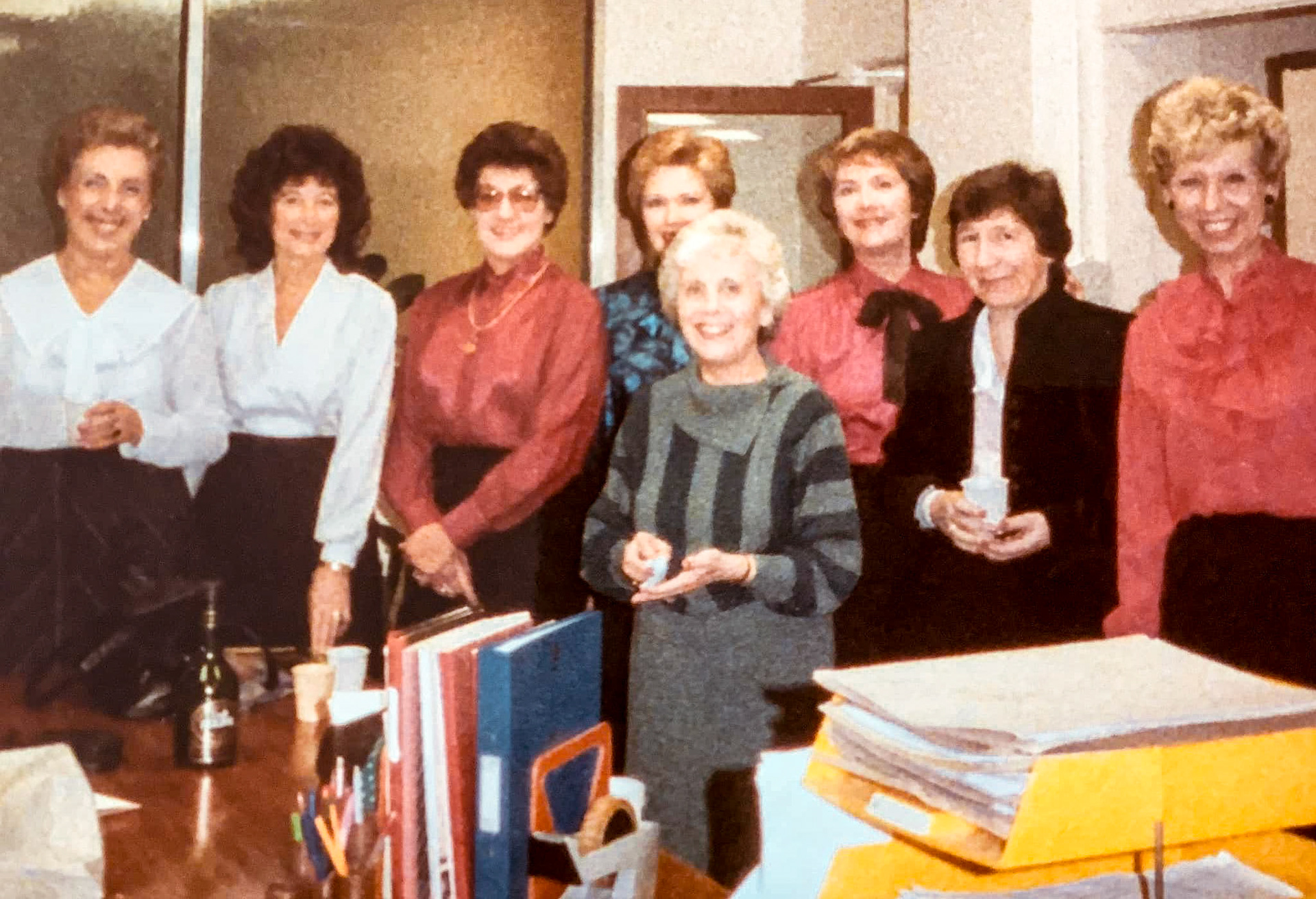 1980's South Ruislip Head Office. Maureen Keating comments "Wonderful friends at Block L: L-R Beryl Purslove (Audit Manager), Maureen Keating, Molly Bendon, Pat Dickens, Carol Green, Molly Andoe, Ann Garrard and front Norah Buckle. (Sadly four have passed - Molly B, Pat, Ann &amp; Norah) (Courtesy Maureen Keating)