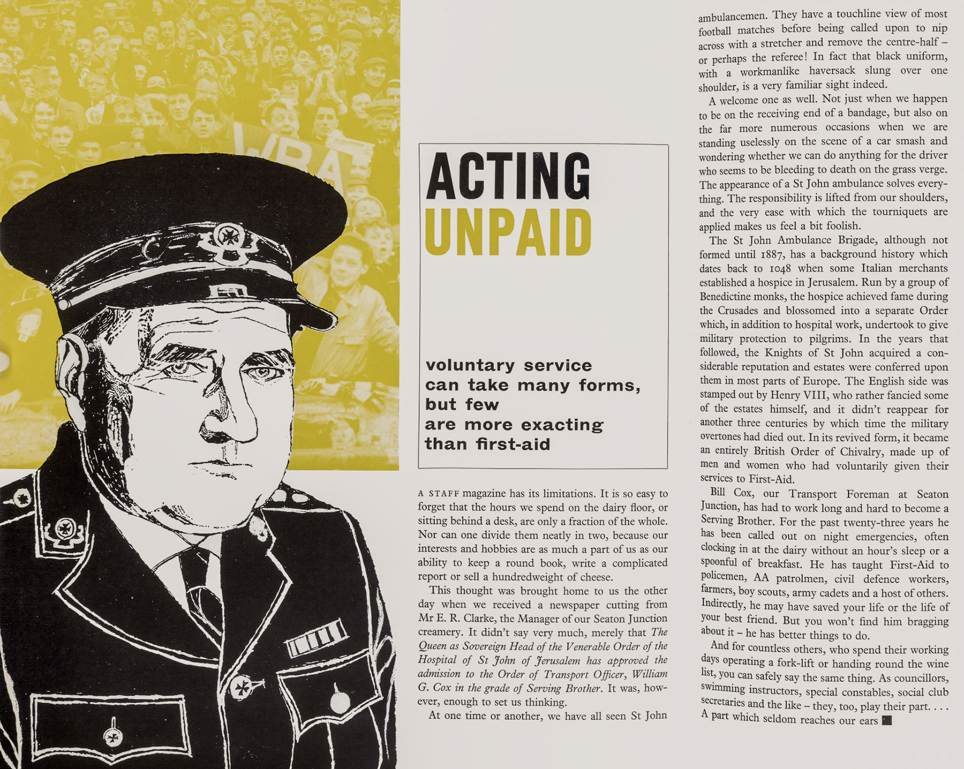 1962 Seaton Junction Manager Mr E.R. Clarke posts a story about Seaton Transport Foreman Bill Cox and his work for St John Ambulance Brigade. (Express News Autumn)
