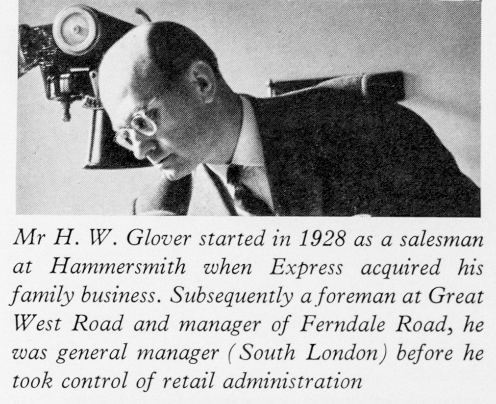 1961 Mr H.W. Glover started in 1928 as salesman at Glover's Dairy in Hammersmith. After the firm was acquired by Express he was a Foreman at Great West Road, Manager at Ferndale Road Brixton, General Manager South London and now Head of Retail Administration. (Express News Autumn)
