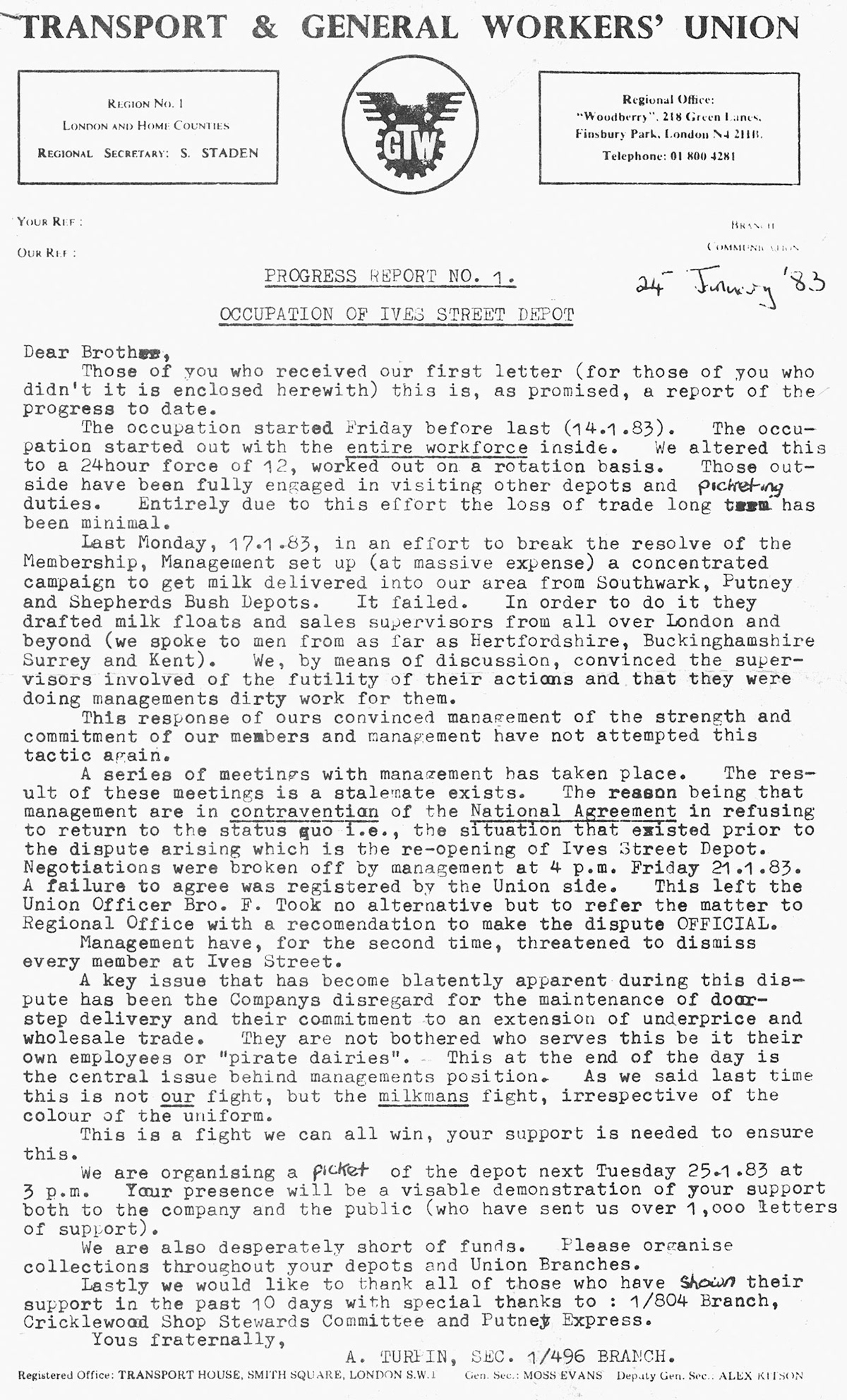 1983 Chelsea Depot, union letter explaining the 'occupation' of the Ives Street Depot, 24th January. (Courtesy Michael Aldread)