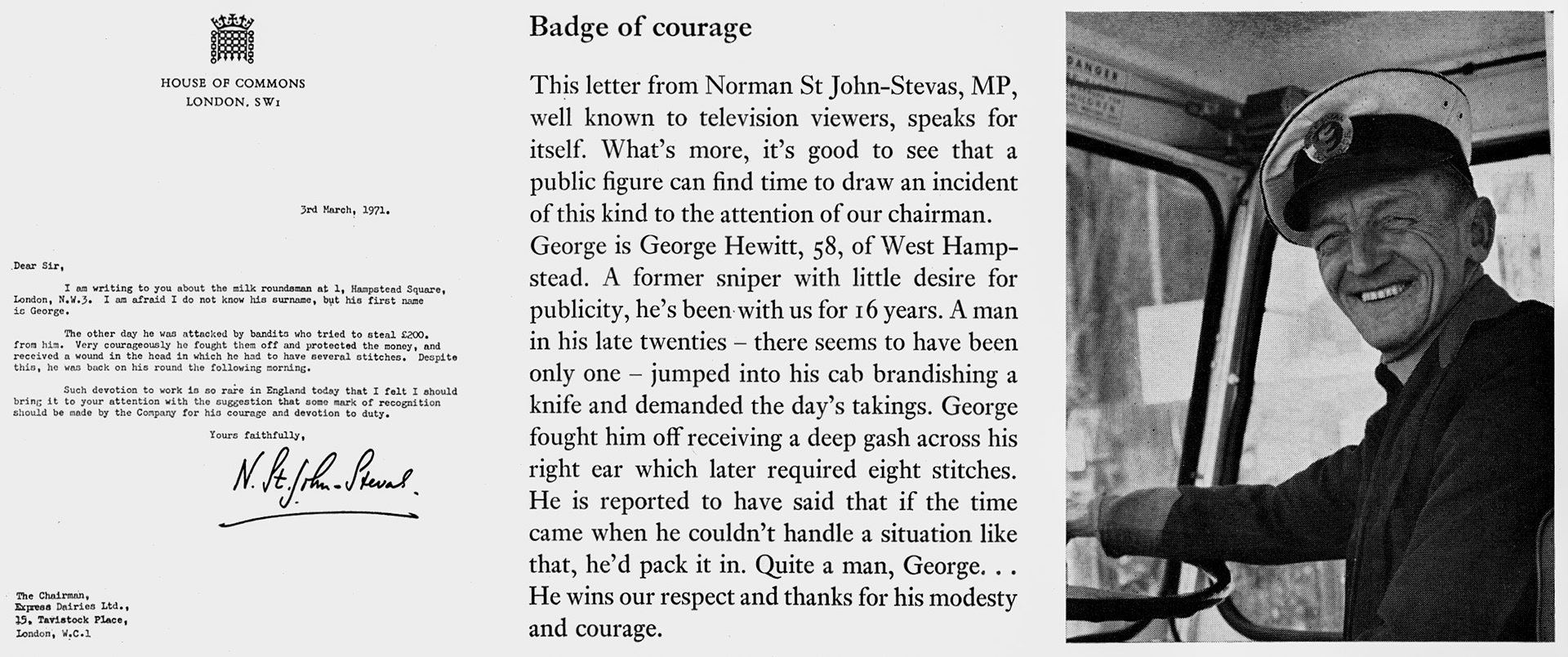1971 George Hewitt from West Hampstead depot receives praise from MP Norman St John-Stevas. (Express News Summer)