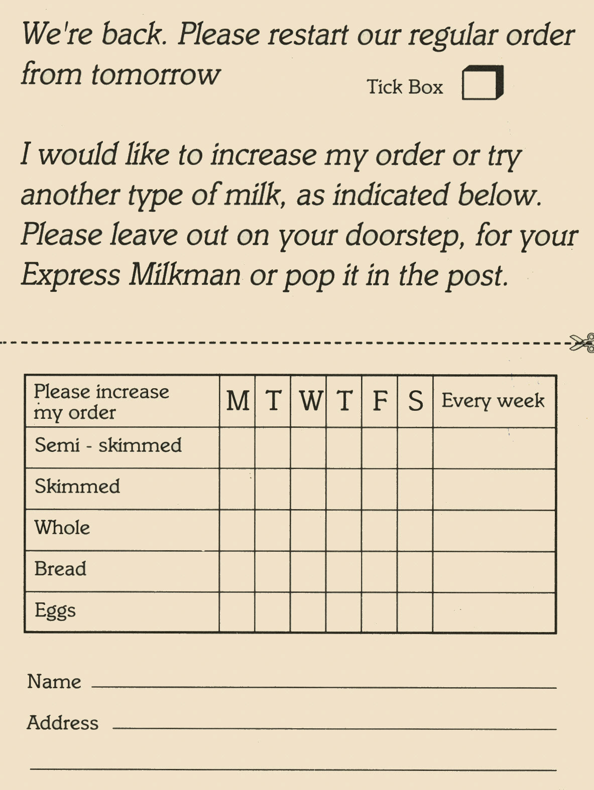 1980's Milkman's customer return from holiday form (Courtesy Michael Aldread)