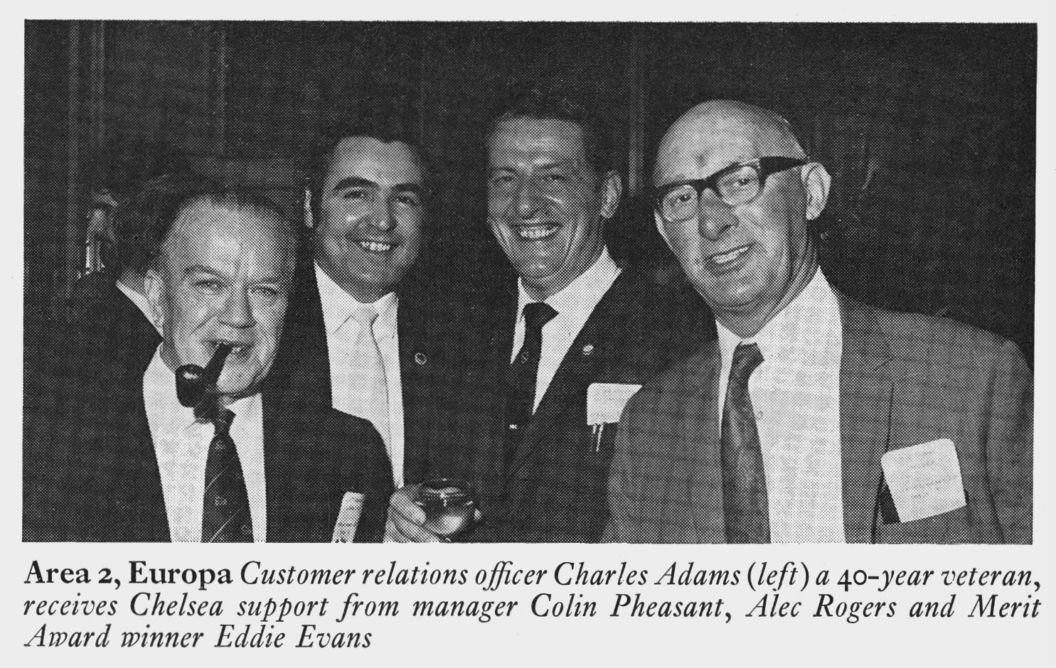1972 Charles Adams (Customer Relations) with Colin Pheasant, Alec Rogers and Eddie Evans from Chelsea Depot. Merit and Service Dinner.(Express News Summer)