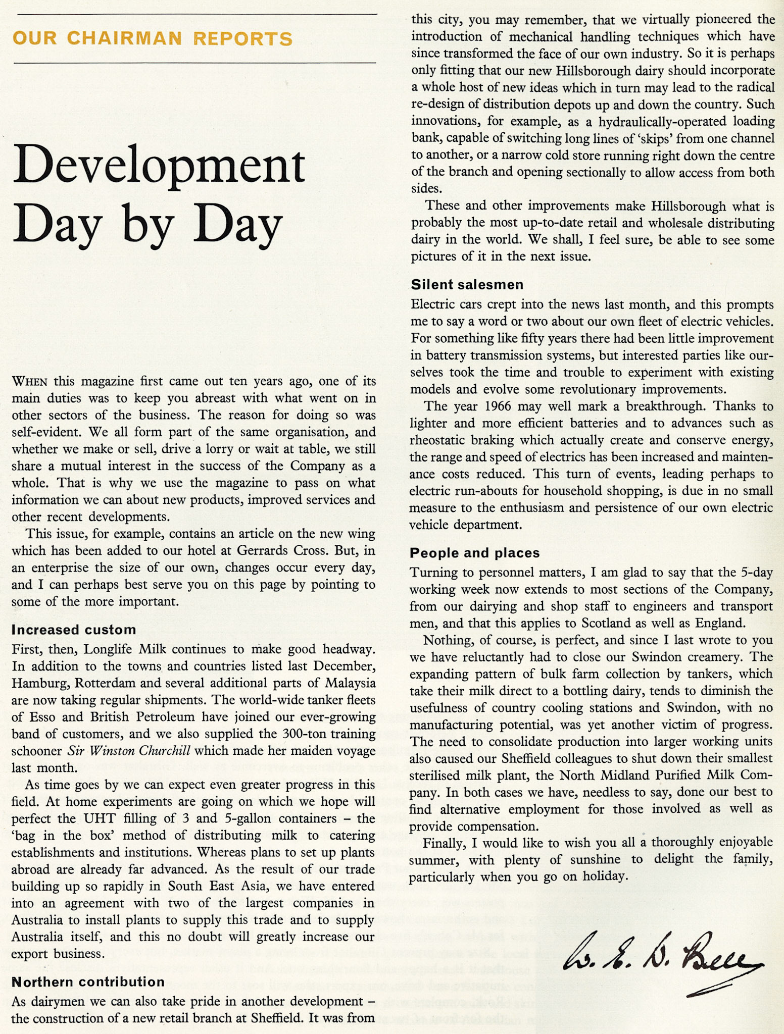 1966 Chairman WE Bell  comments on Express News magazine, UHT Milk, new Sheffield Retail Branch, electric vehicle improvements and implementation of the five day working week (Courtesy Beryl Purslove)
