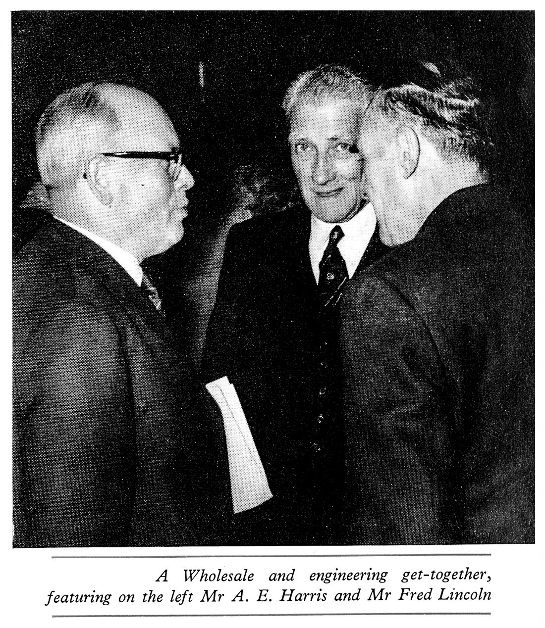 1961 Long Service Dinner at The Grosvenor Rooms, Mr A.E. Harris (South Ruislip) and Mr Fred Lincoln (Engineers). Philip Boyd comments "Fred was workshop foreman when I was an apprentice, roundabout 1959." (LSA Annual Review)