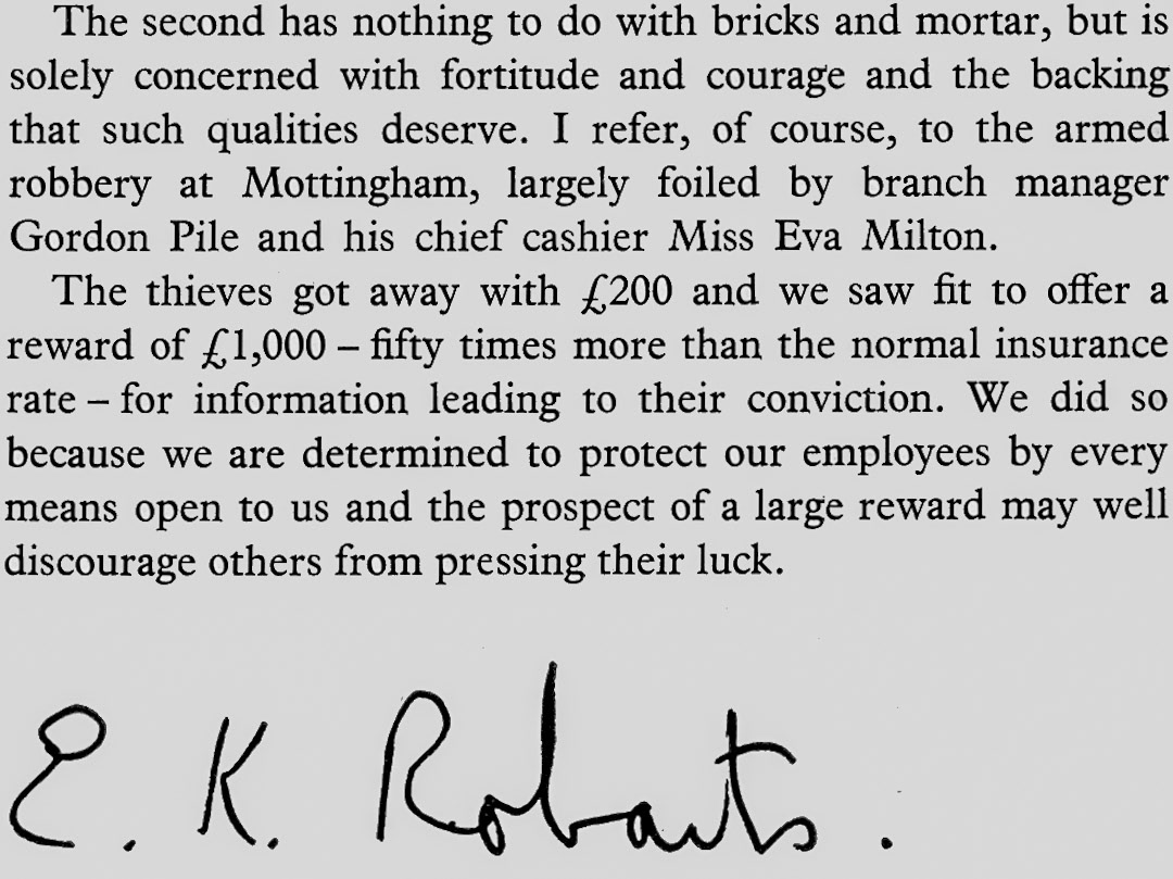 1968 Eric Robarts praises Mottingham manager Gordon Pile and Chief Cashier Miss Eva Milton for foiling a raid. (Express News Spring)