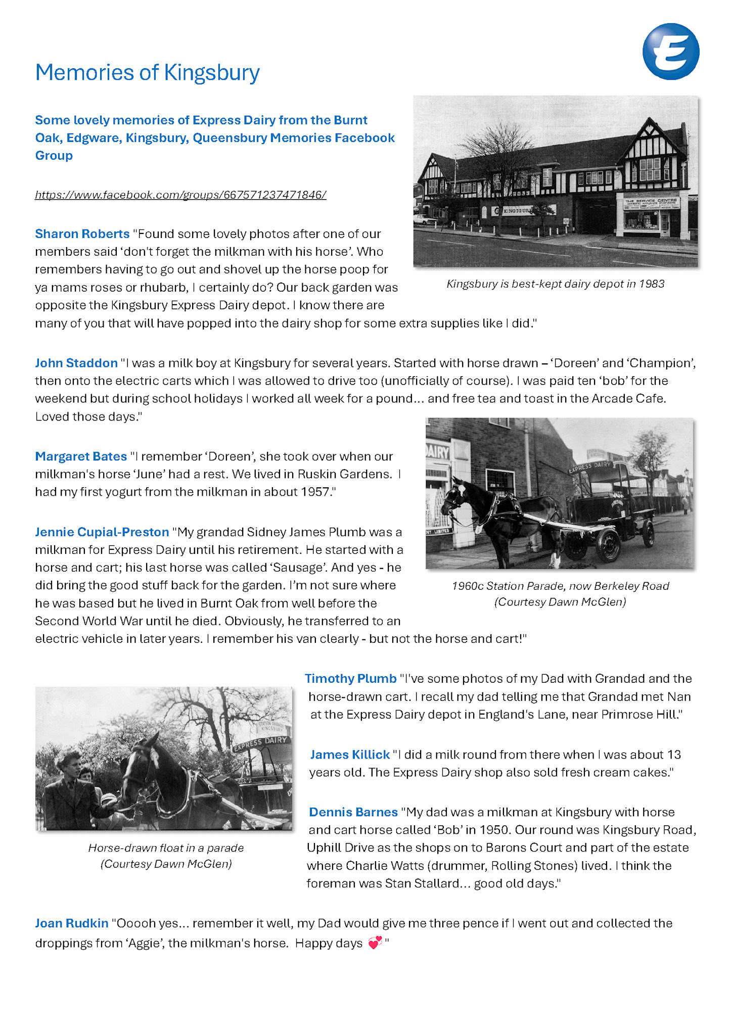 2026 Kingsbury memories from the Burnt Oak, Edgware, Kingsbury, Queensbury Memories Facebook Group and pictures from Express News, Dawn McGlen, Richard Gaylard and Christine French. (Express Dairy Tales publication)