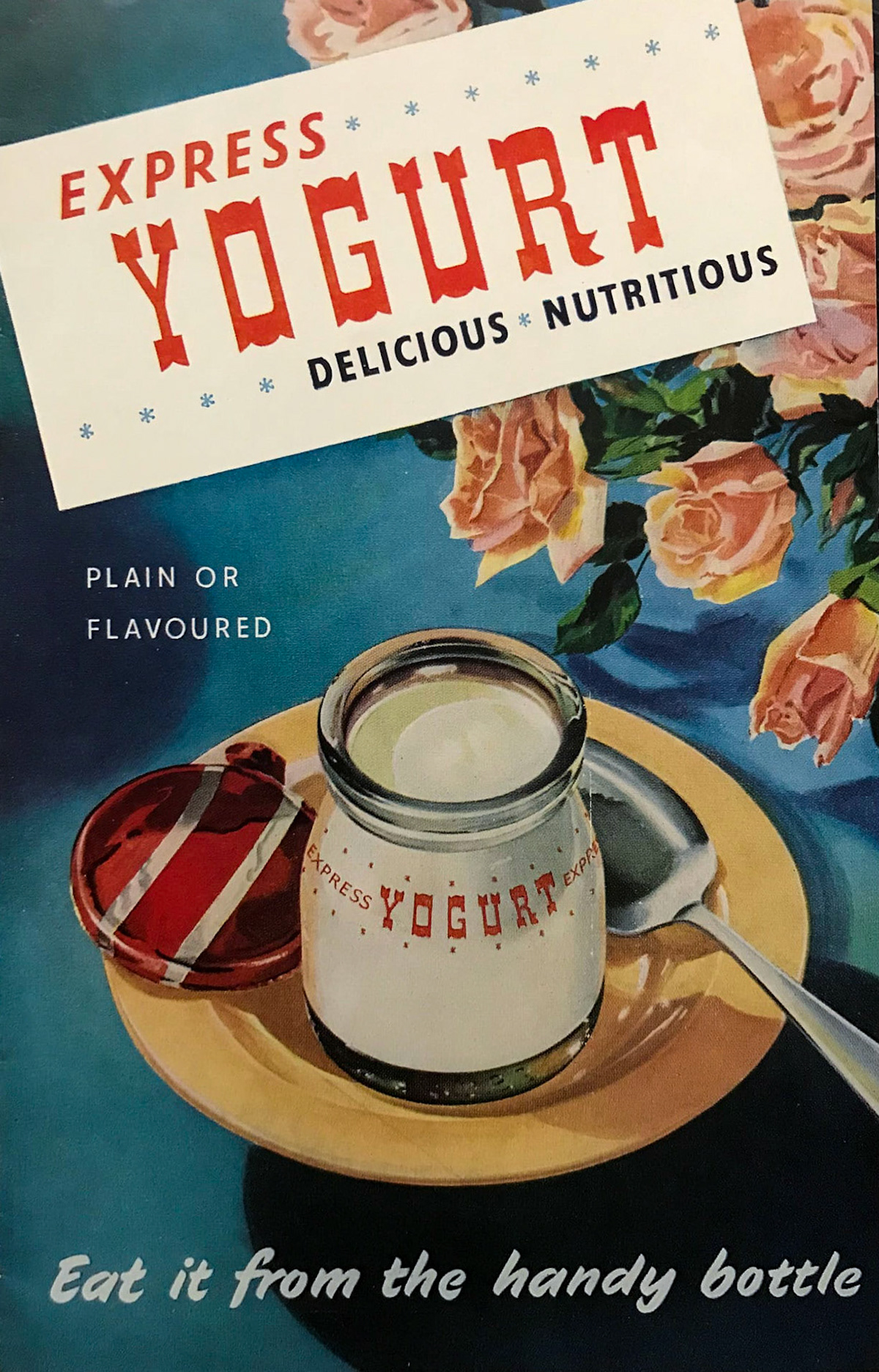 1960's Express yogurt in glass jars. Chris Austen comments "These yogurts were produced at "Yogfruit", a facility in Colindale. They were all set curd, incubated in warm water baths, and you could enjoy plain, banana, strawberry and raspberry - a far cry from the multitude of flavours and types which are available today!! Butterfat content was standardised to 3% by the addition of skimmed milk powder; cultures used were lactobacilli Bulgaricus, Thermophilus and one other - which I can't remember!! But it is over 60 years ago since I spent a month there!!" (Courtesy Paul Smith)
