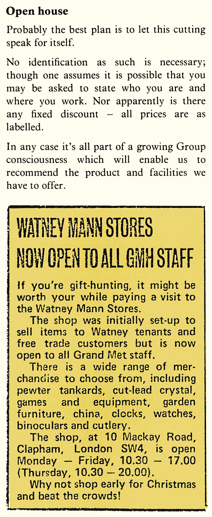 1978 Grand Met staff can now use the Watney Mann staff shop in Clapham. (Express News Summer)