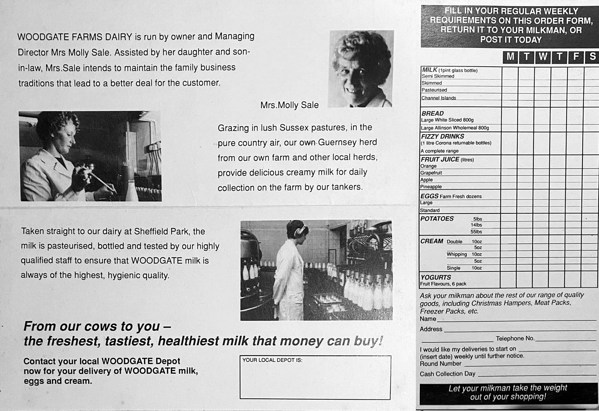 1970s Woodgate Farms Order Form. Colin Page comments "... the young lad standing watching the crates being filled reminds me of my youth-yes it's me so long ago, around 1976-7. I started when I was around 16 in 75. My father was a milkman for the Company from around 1970." (Courtesy Richard Evans)